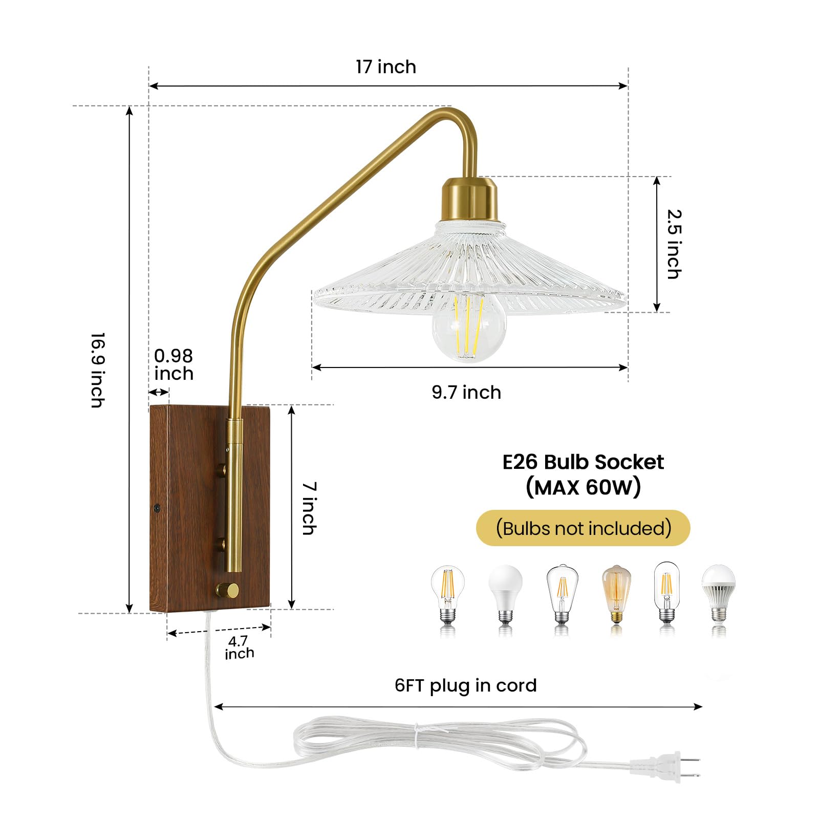 AIJIASI Gold Plug-in Wall Sconces Set of Two with Glass Shade, Swing Arm Design for Bedroom, Bathroom, Living Room (Model 8240WL)