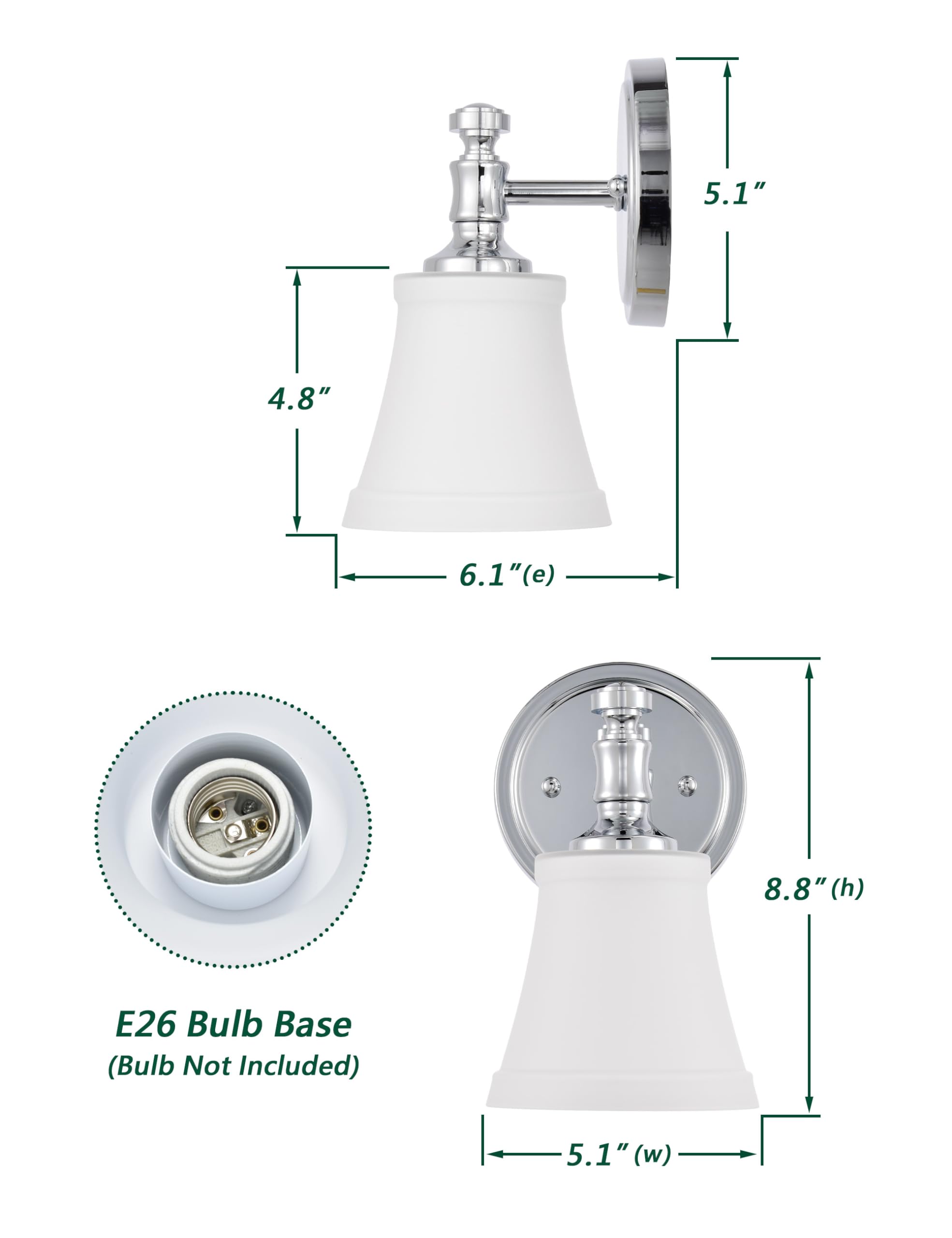 Hanaloa Wall Sconces, Traditional Chrome 1 Light Sconce, Wall Light with Opal Glass Shade for Bedroom Bathroom Living Room & Hal