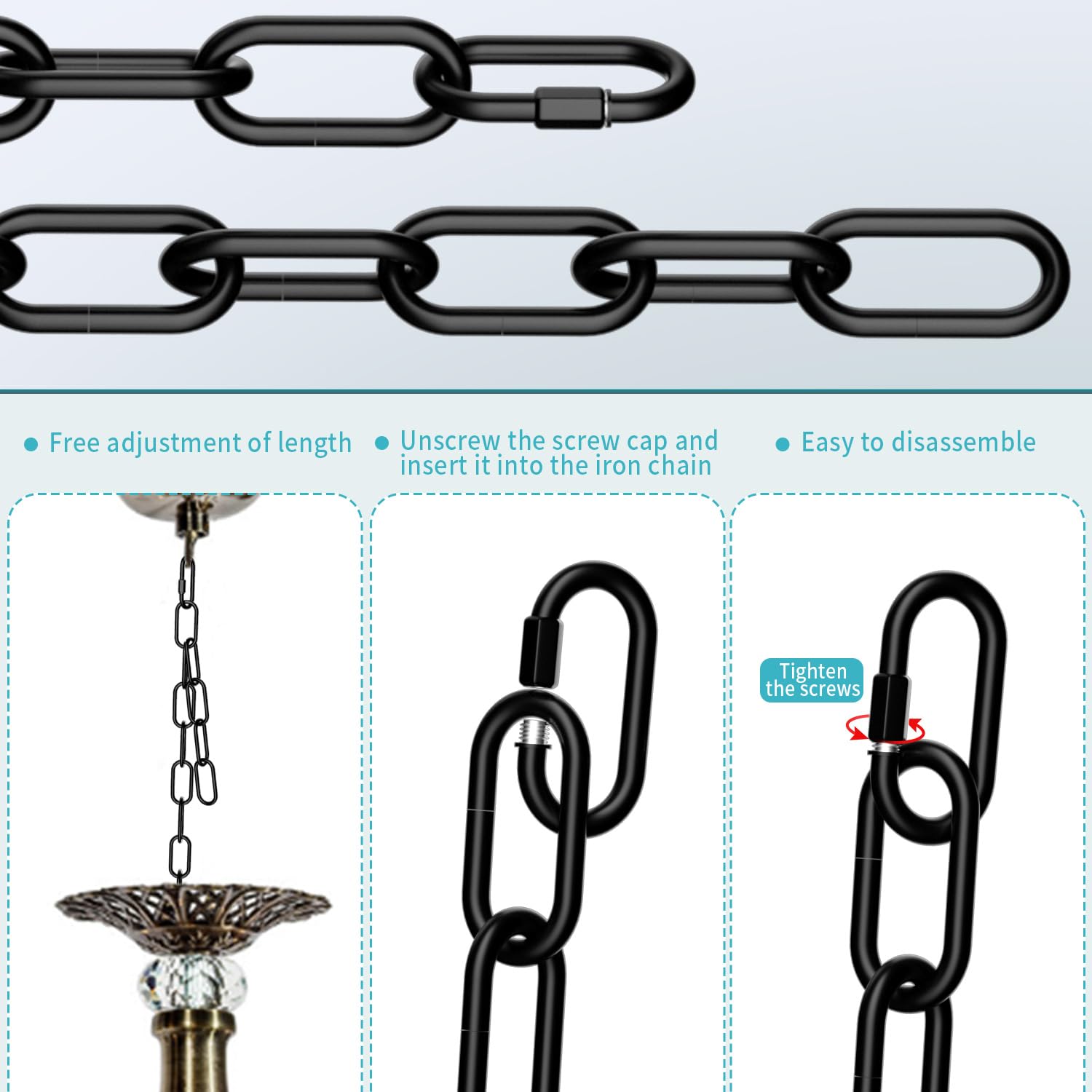 3 Feet Industrial Black Light Fixture Chain, Plant Hanging Chain, With Detachable Link, Maximum Load Is 60 Pounds