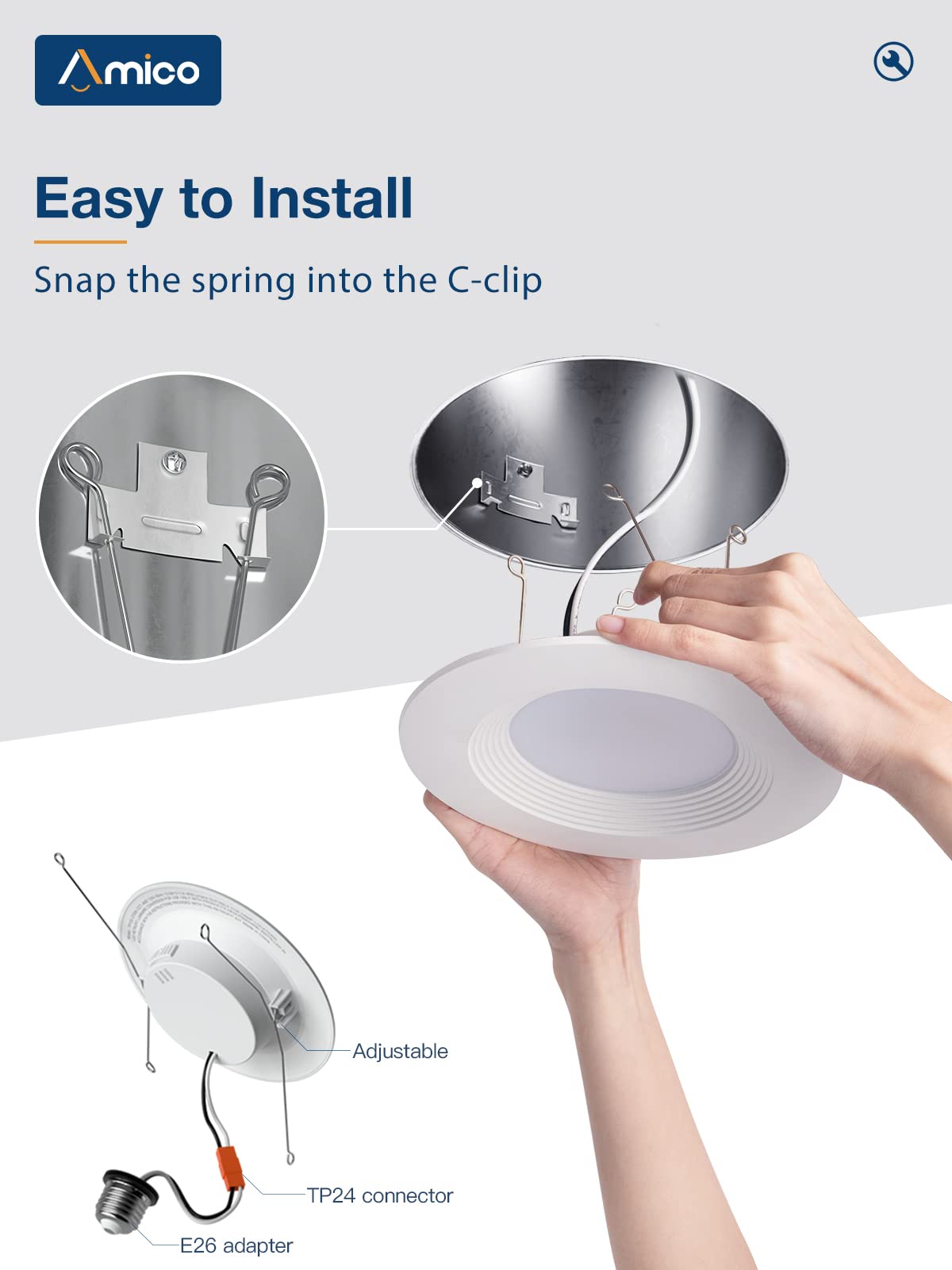 Amico LED Recessed Lighting 20 Pack, 5CCT Dimmable, 12.5W, Damp Rated, Baffle Trim, Selectable 2700K-6000