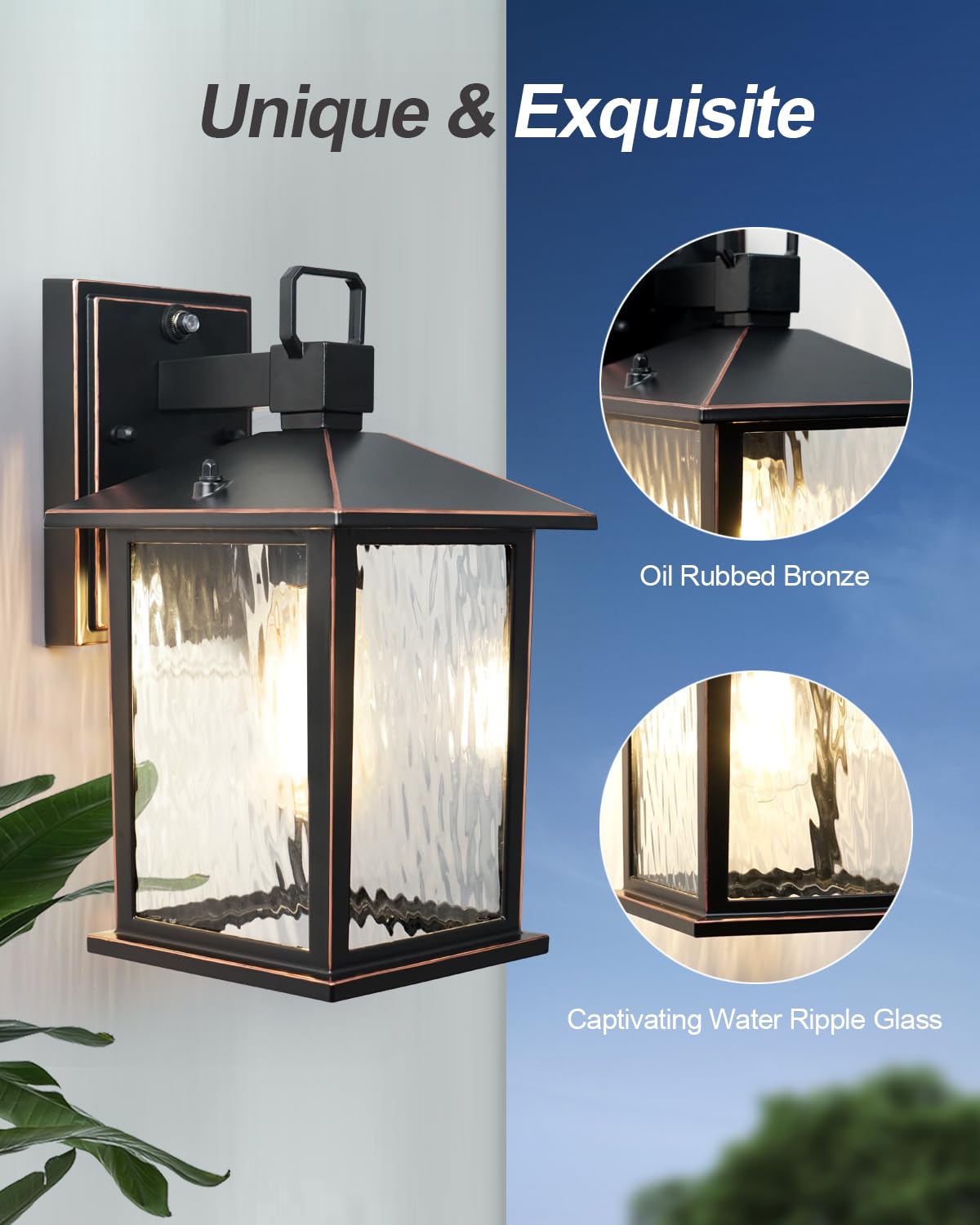 ZILLSEA Dusk to Dawn Outdoor Wall Light, 12'' Oil Rubbed Bronze Sconce with Water Ripple Glass, Hardwired Aluminum, Model A0501Q1