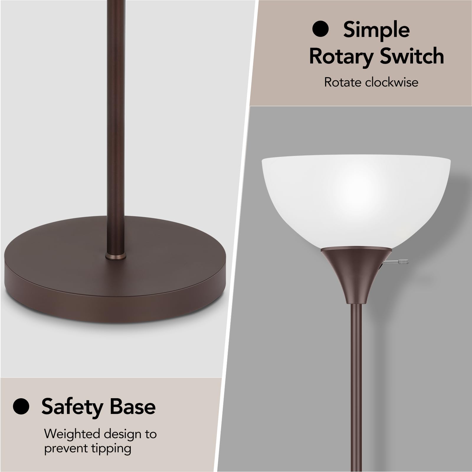 Coucrek LED Floor Lamp, Brown Metal Standing Light with White Shade, Rotary Switch, Model F073