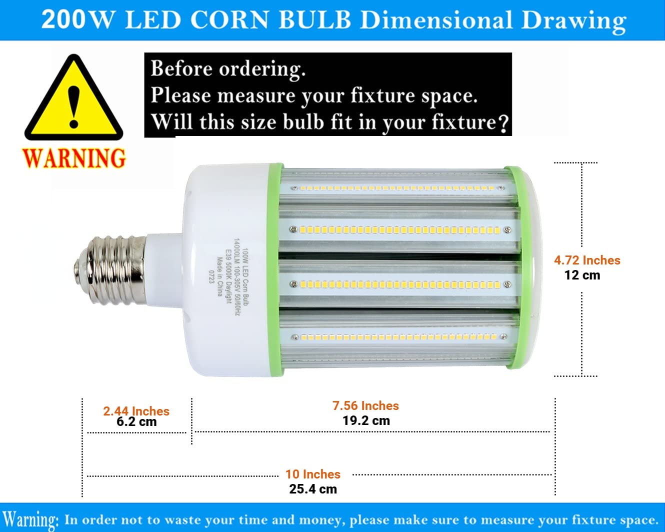 TJBB 100W LED Corn Cob Light Bulb, E39 Mogul Base, 2 Pack, Indoor/Outdoor, Replace 250-400W MH/HPS, Model TJBB-006