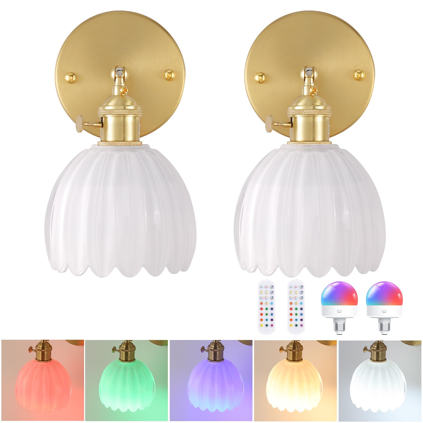 Shenmoyl Vintage Wall Sconce Set of 2, Battery Operated, Glass Tulip White Lampshade, Remote Control, Model 1-9331