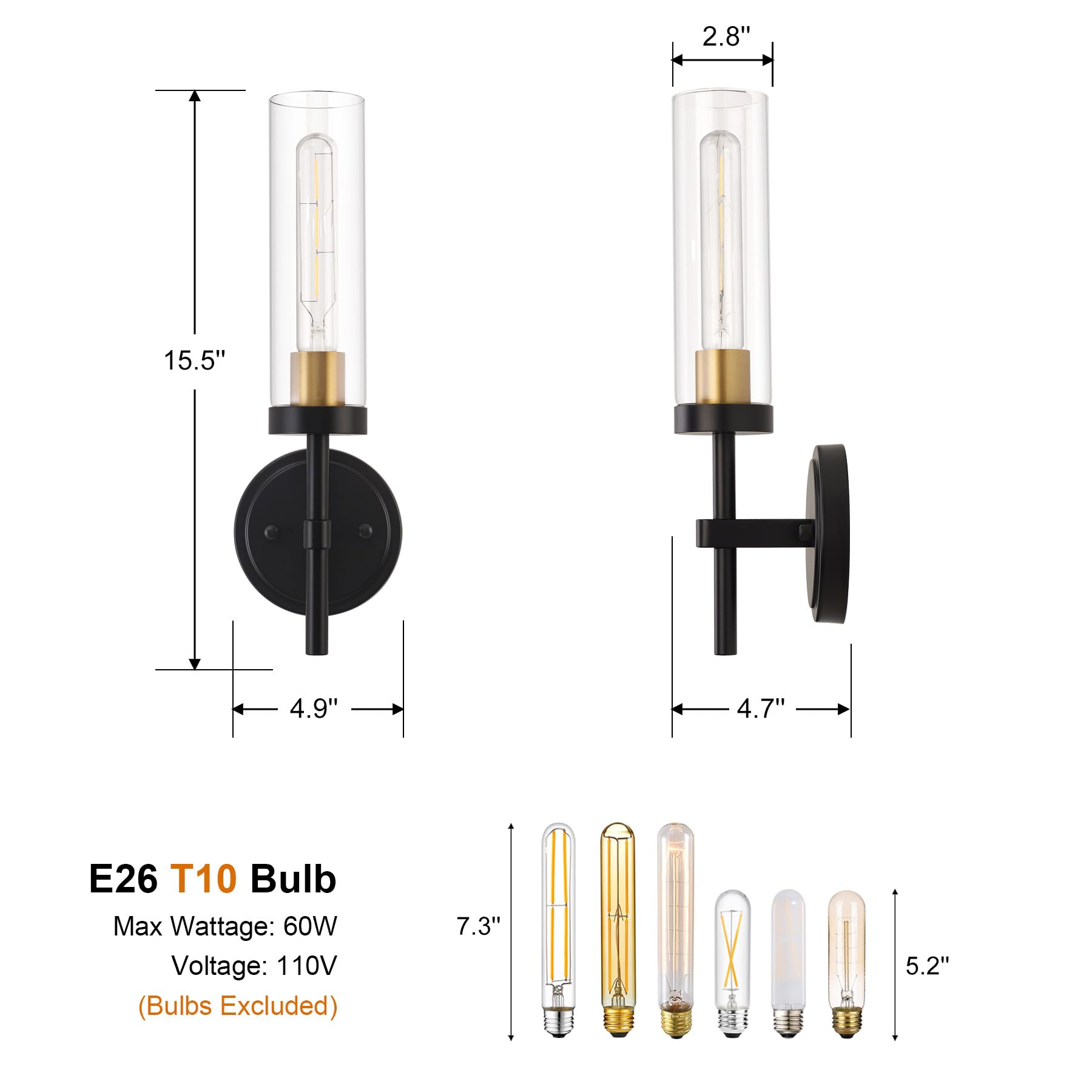 SANTOSTOCK Black and Gold Hardwired Wall Sconces, 2 Pack Clear Glass Modern Lighting for Bathroom, Bedroom, Living Room, Model SSW009B1-2