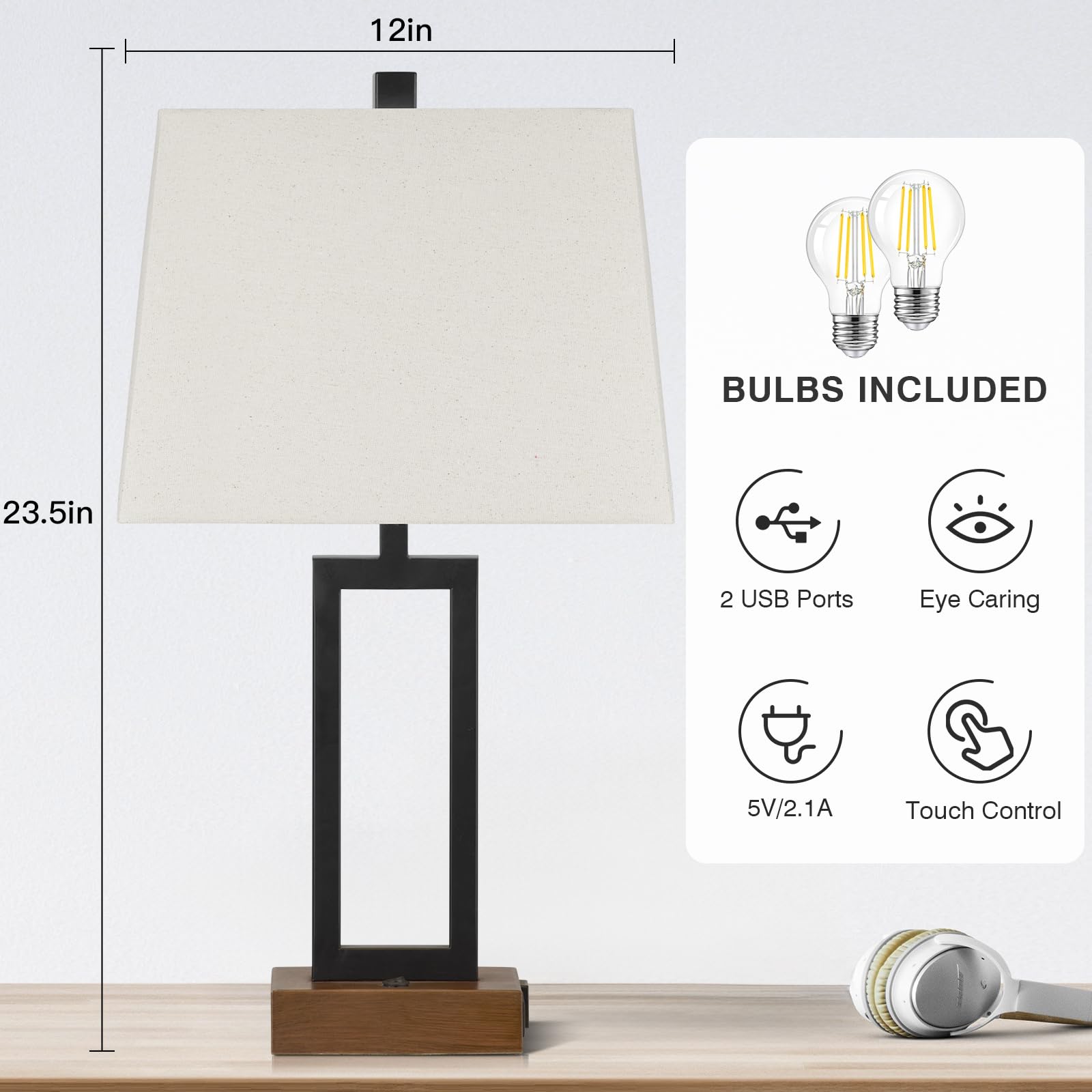 Rinweey 23.5" Table Lamps Set Of 2, Modern Black Bedside Lamps With 2 Usb Ports & Ac Outlet, Contemporary Nightstand Lamps With Wood Base For Bedroom Living Room(Led Bulb Included)