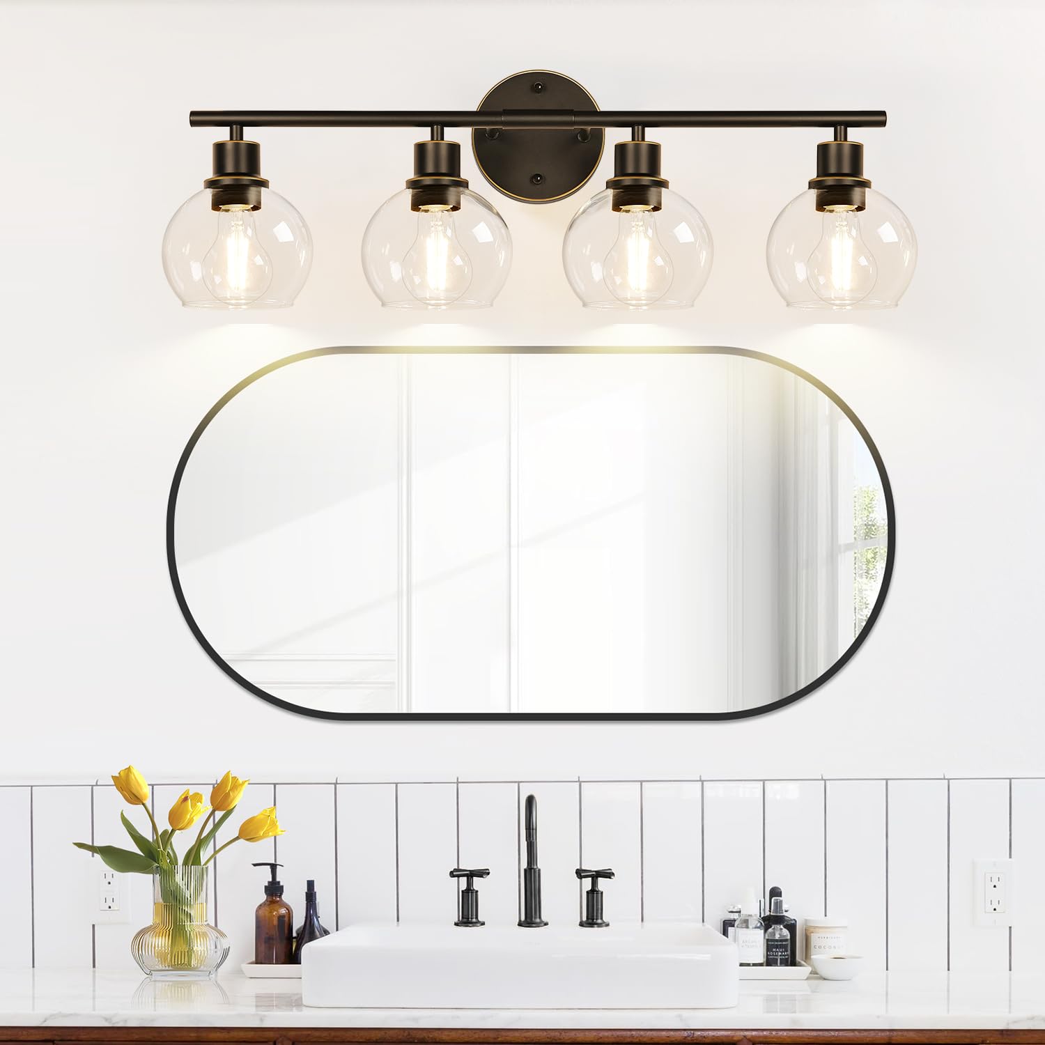 Indoi 4-Light Bathroom Light Fixtures, Oil Rubbed Bronze Bathroom Lights Over Mirror With Clear Glass Globe Shade, Vanity Lights