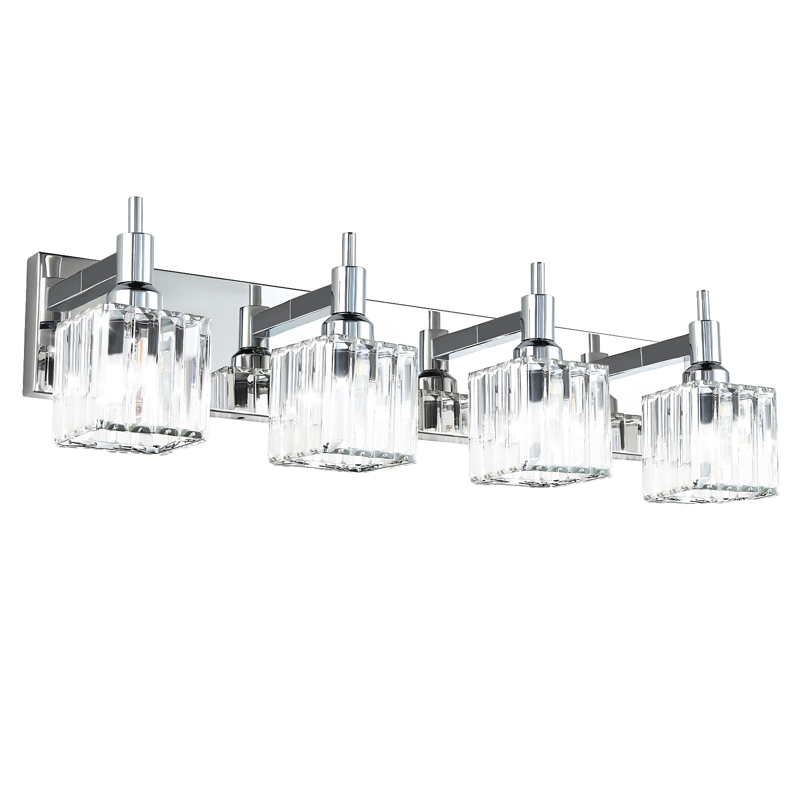 HUOKU Modern Crystal Bathroom Vanity Light 4-Light Wall Sconce, Chrome-Square Shade, Metal and Crystal Construction