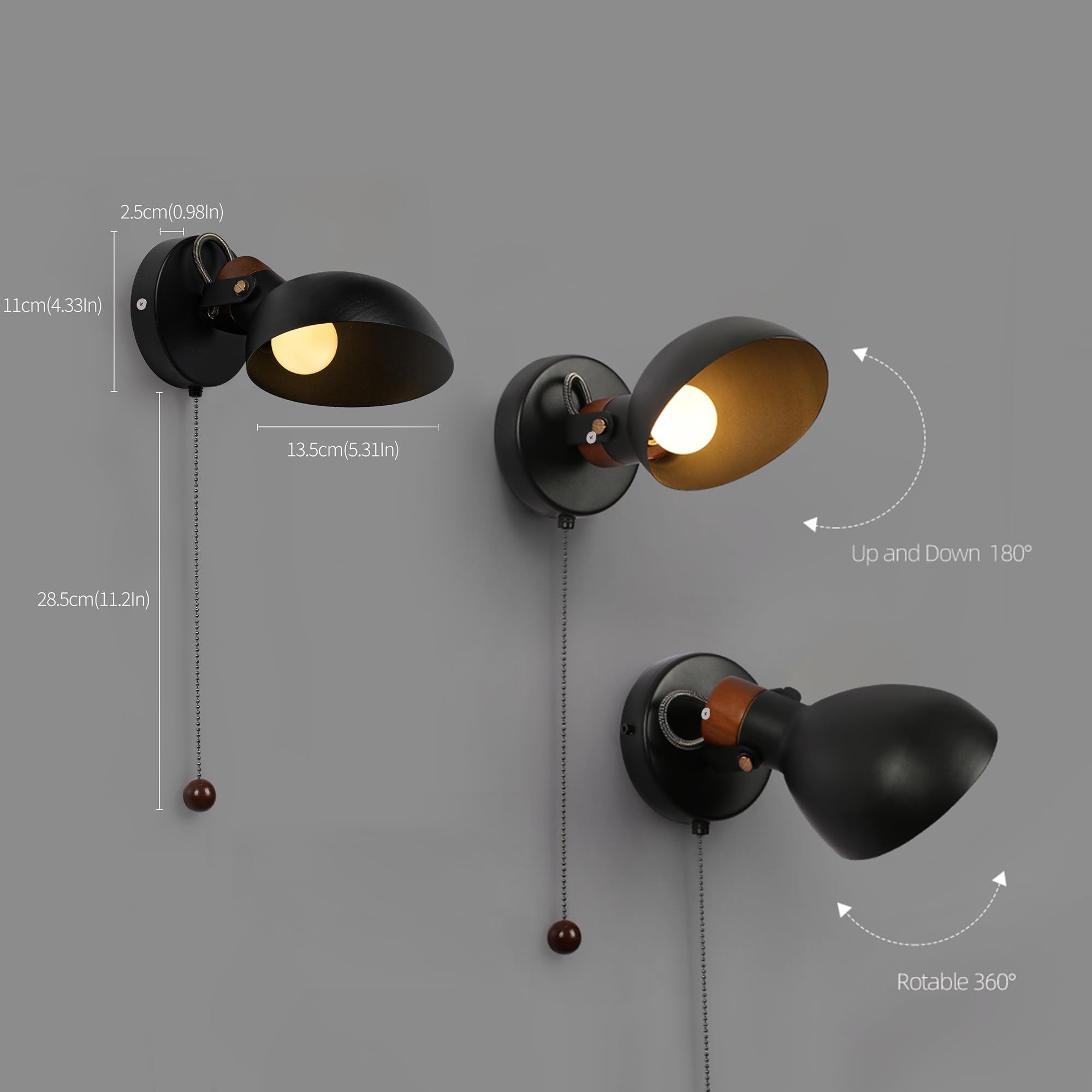 Aisilan Wooden Wall Sconce Set Of 2, Black Rotatable Bedroom Wall Light With Pull Chain Switch With E12 Bulb, Hard Wired Wall La