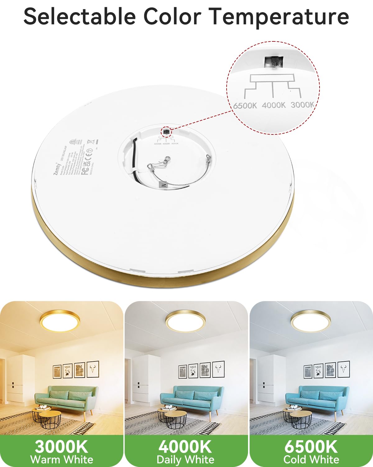 Zemty Led Ceiling Light Golden - 12In 28W Aureate Flush Mount Ceiling Light, 3 Color Temperature 3000K/4500K/6000K - 3200Lm Gild