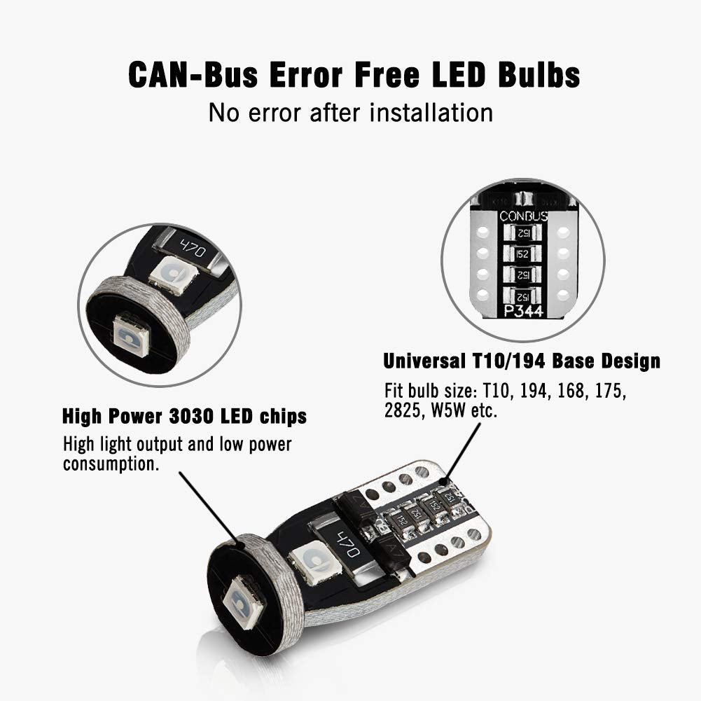 AUTOGINE 10pcs LED Bulbs T10 194 168 Ultra Blue Super Bright 3030 Chipset for Interior Dome Map Door Courtesy Trunk License Plate Lights