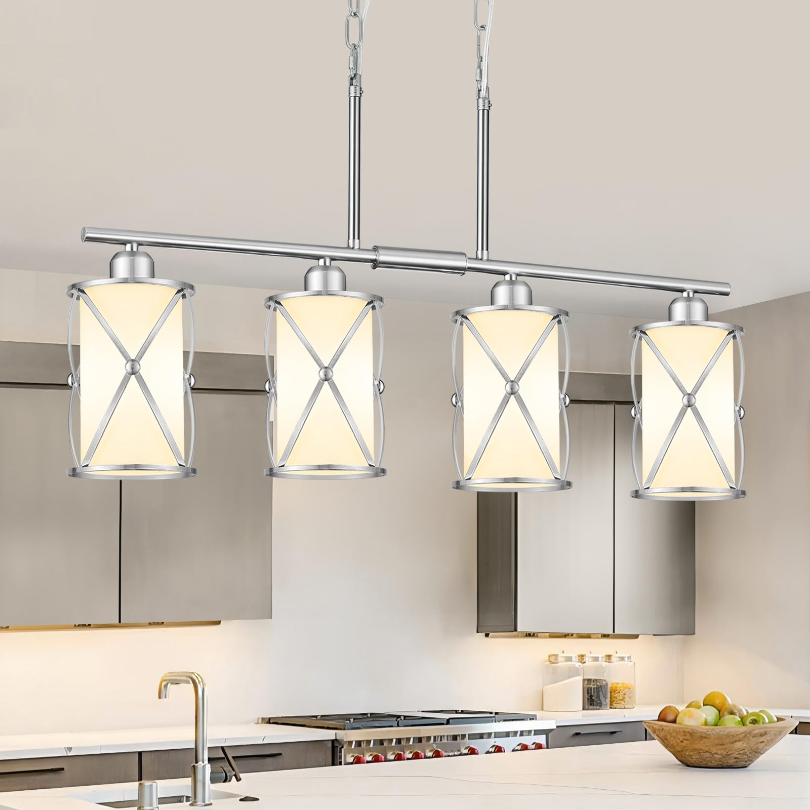 Osimir 4-Light Linear Kitchen Island Lighting, Brushed Nickel Pendant Light with Milk Glass, Model CH9176BNW-4IS