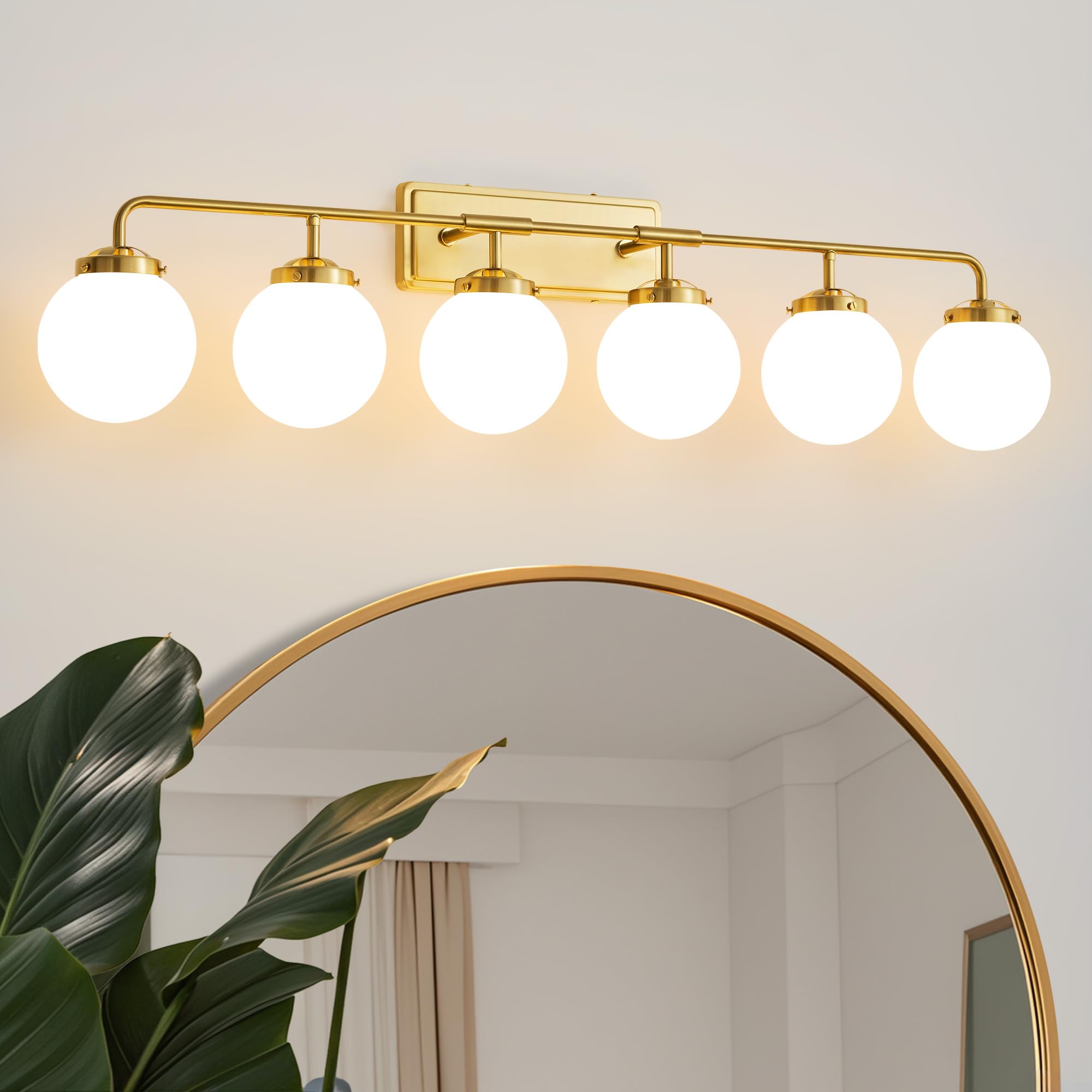 Deyidn Gold Bathroom Light Fixtures 6-Light Modern Wall Sconce with White Glass Globe Shade, Model 1758