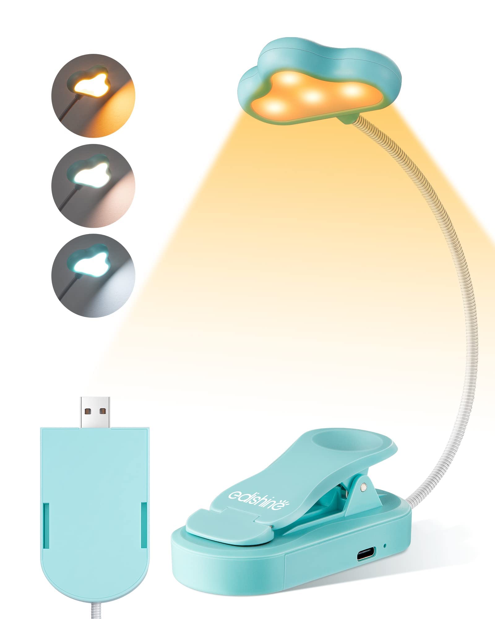 EDISHINE Reading Light for Book in Bed, Portable Clip-on Lamp, USB Rechargeable, 3 Color Modes & Stepless Dimmable, 2 Charging M