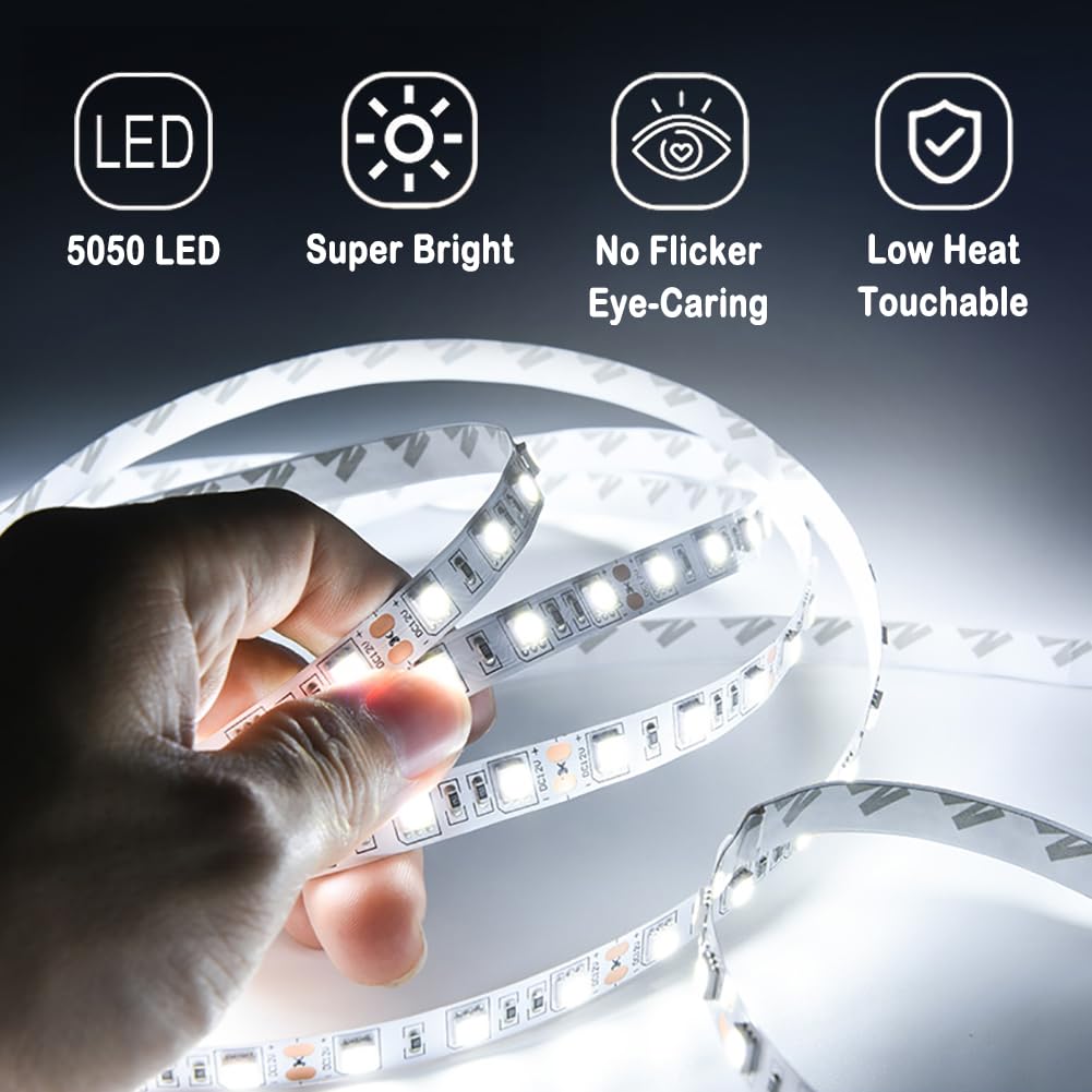 Hauty White Led Strip Light, Non-Waterproof 16Ft/5M Smd 5050 60Leds/M Total 300 Leds Dc 12V Flexible Cuttable Led Tape (No 12V P