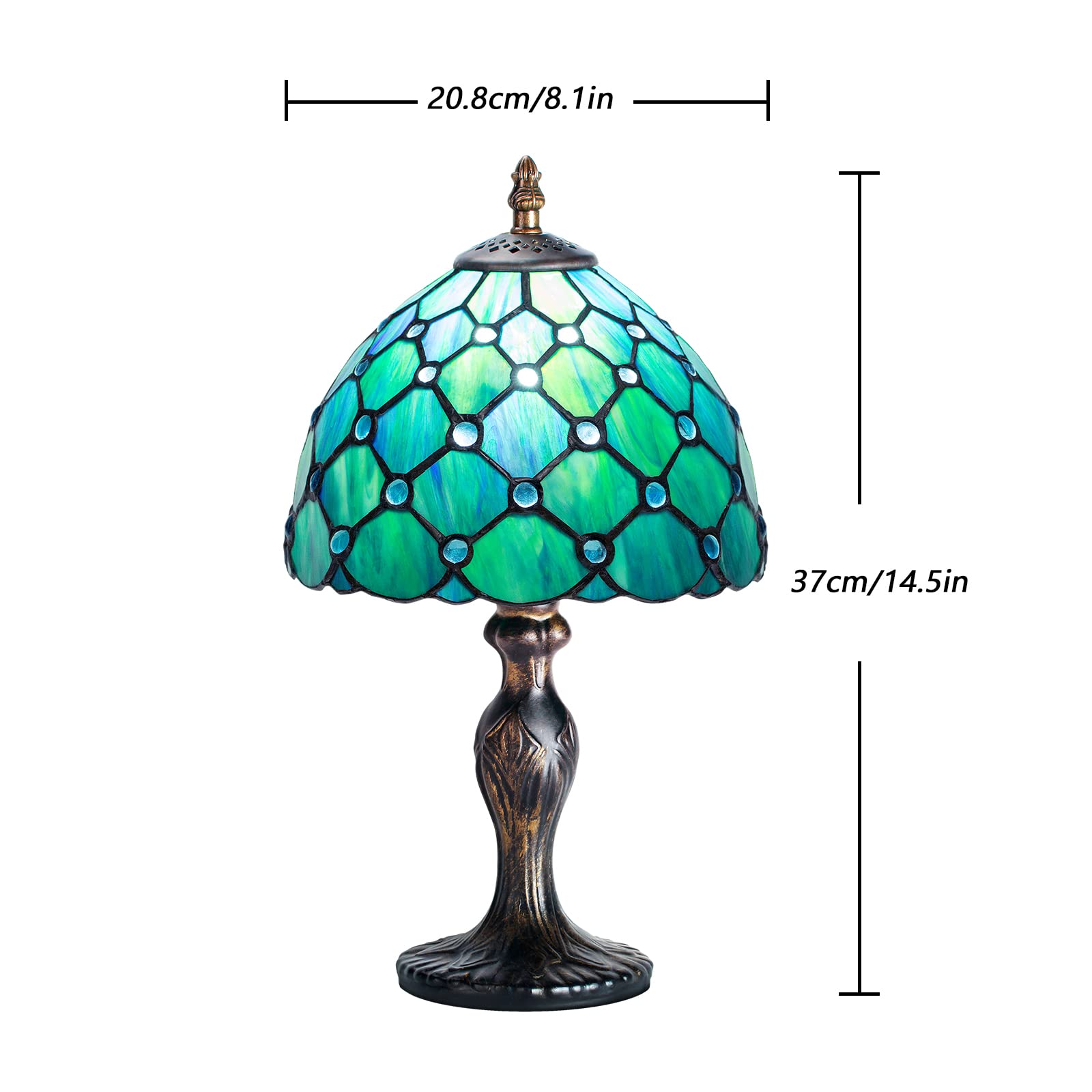 Miaoke Tiffany Table Lamp, Handmade Stained Glass Nightstand Light, Green Bead Decor