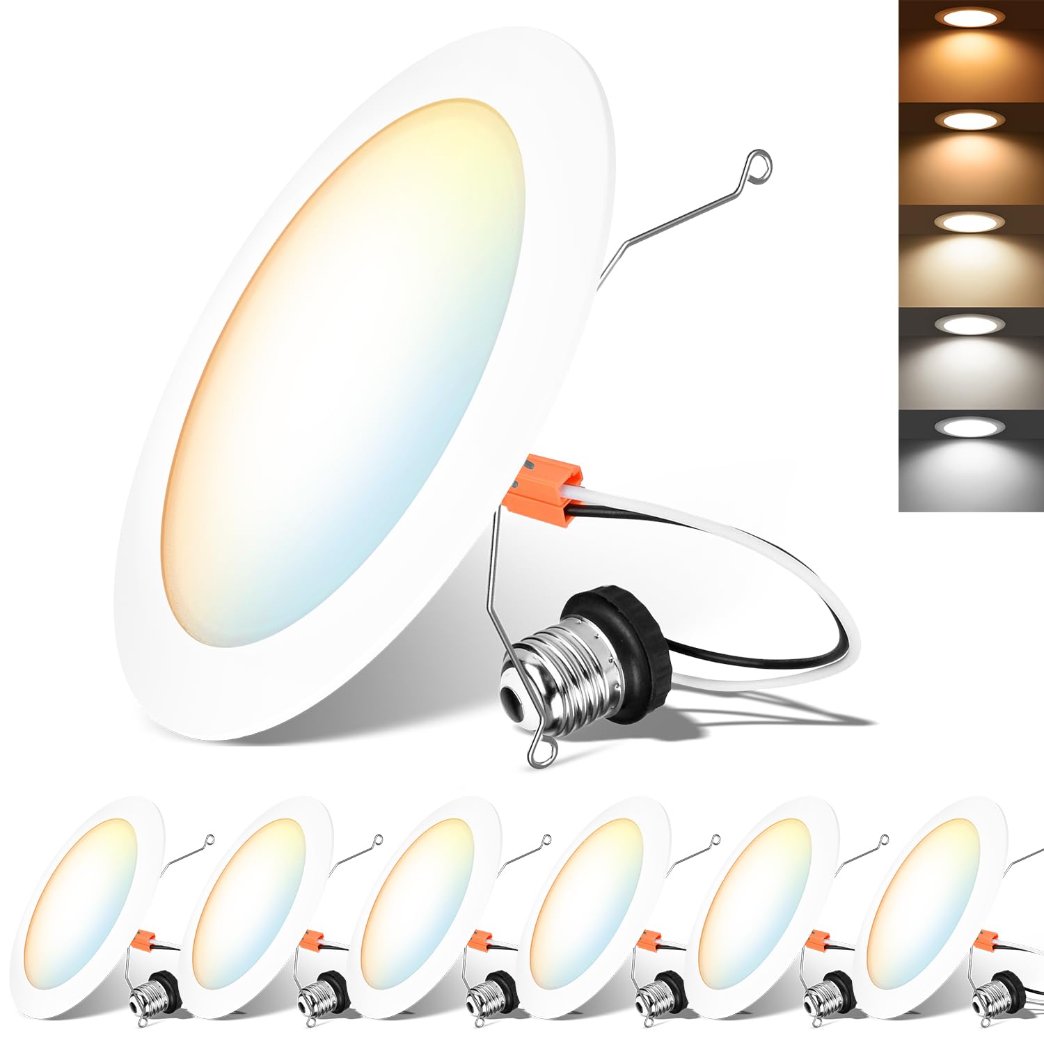 Lvwit Led Recessed Light 6Inch, Can Lighting Color Selectable 2700/3000/4000/5000/6000K 5Cct, 10W(120W Equivalent) Dimmable Downlight With E26 Conversion Kit, Retro Fit Ceiling Light Fixtures, 6 Pack