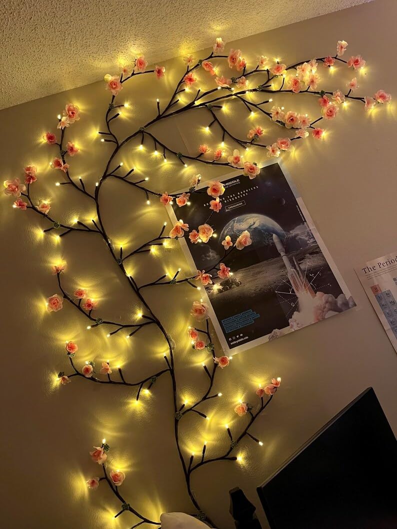 Cherry LED Tree Branch Lights for Wall, Cherry Blossom Willow Vine Twig Decor Garland with 96 LED Lights and Remote,8 Lighting M