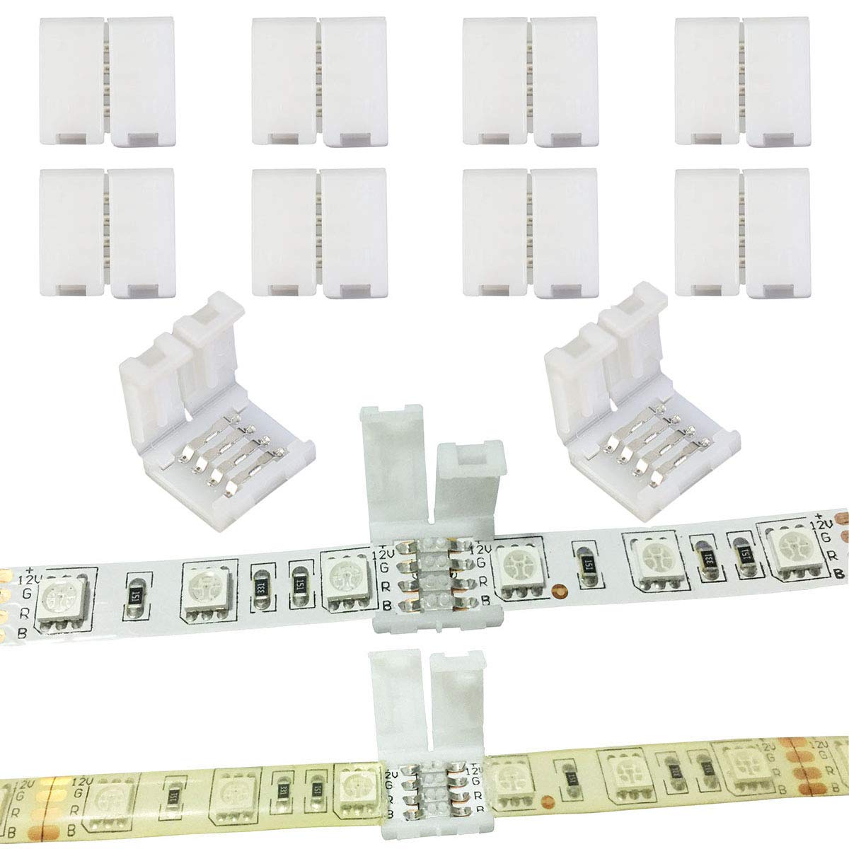 TronicsPros 10pcs 4 Pin SMD 5050 RGB LED Band Connector Gapless Adapter Solderless Snap Connector Extension for 10mm Wide SMD 5050 Multicolor LED Tape Lights