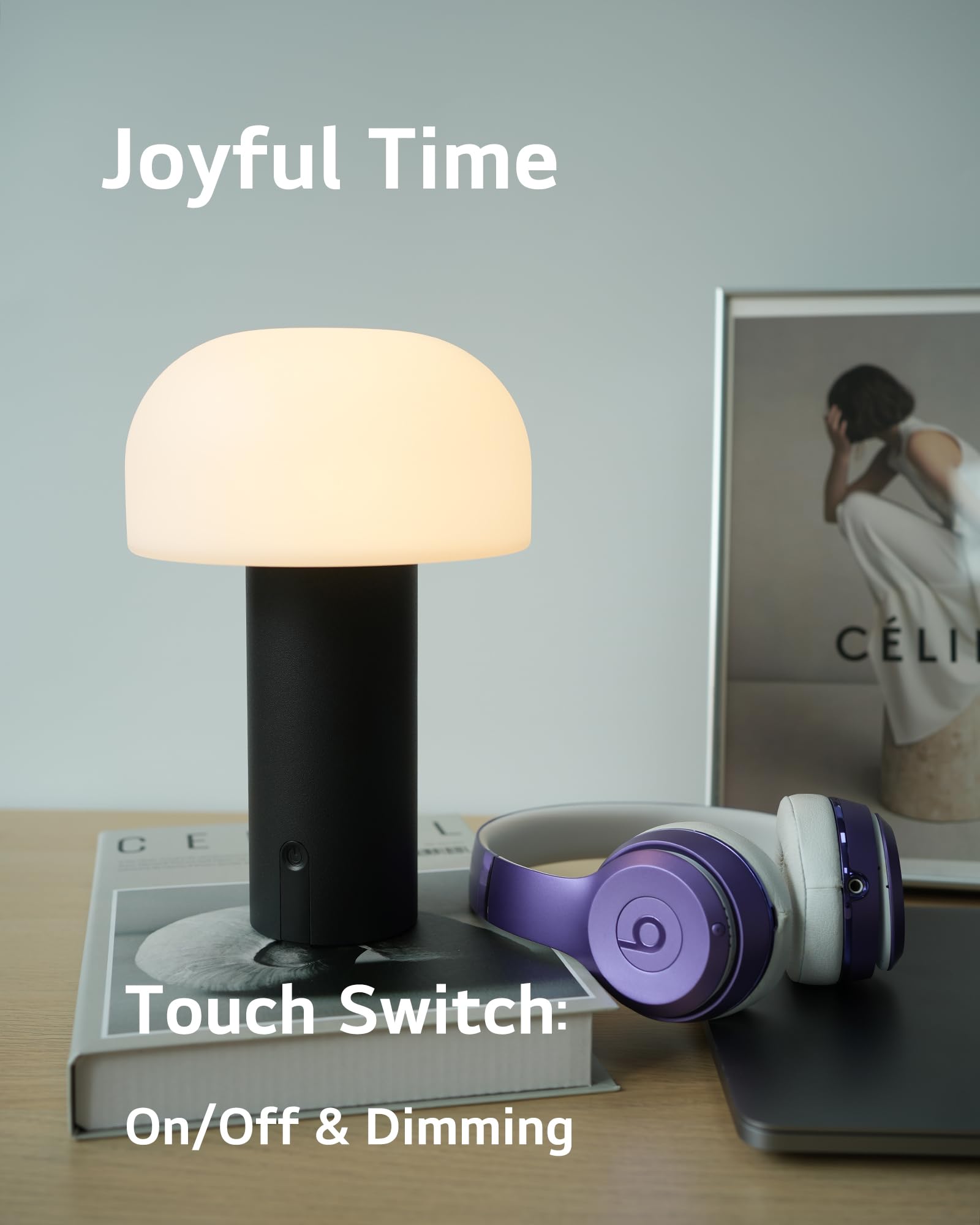 Ilovinit Rechargeable Outdoor Mushroom Table Lamp - Waterproof, Cordless, Touch Dimming, Black