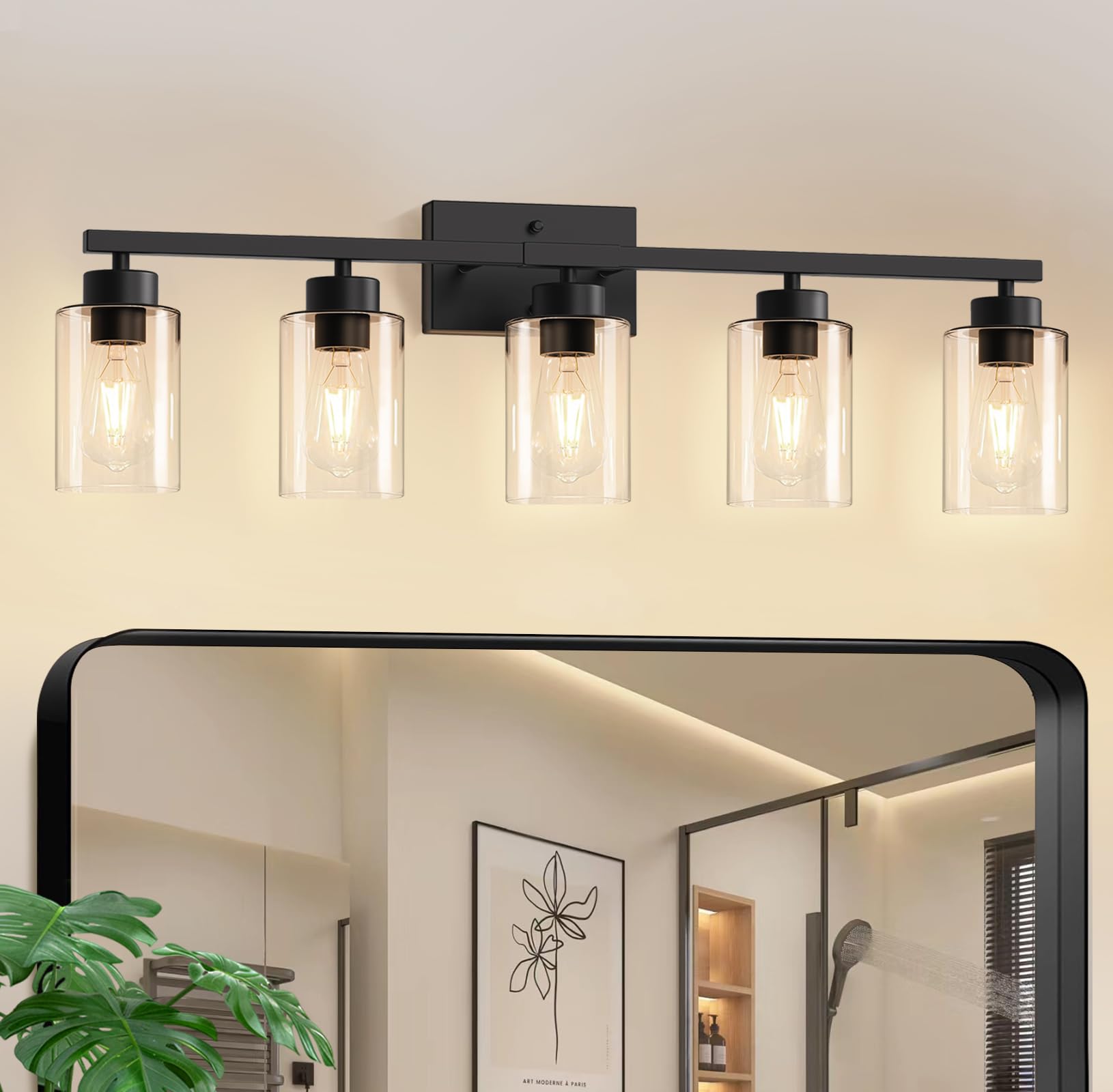 IZORRO Modern Bathroom Light Fixtures, 5 Light Black Vanity Lights, Bathroom Lighting Fixtures Over Mirror with Clear Glass for 