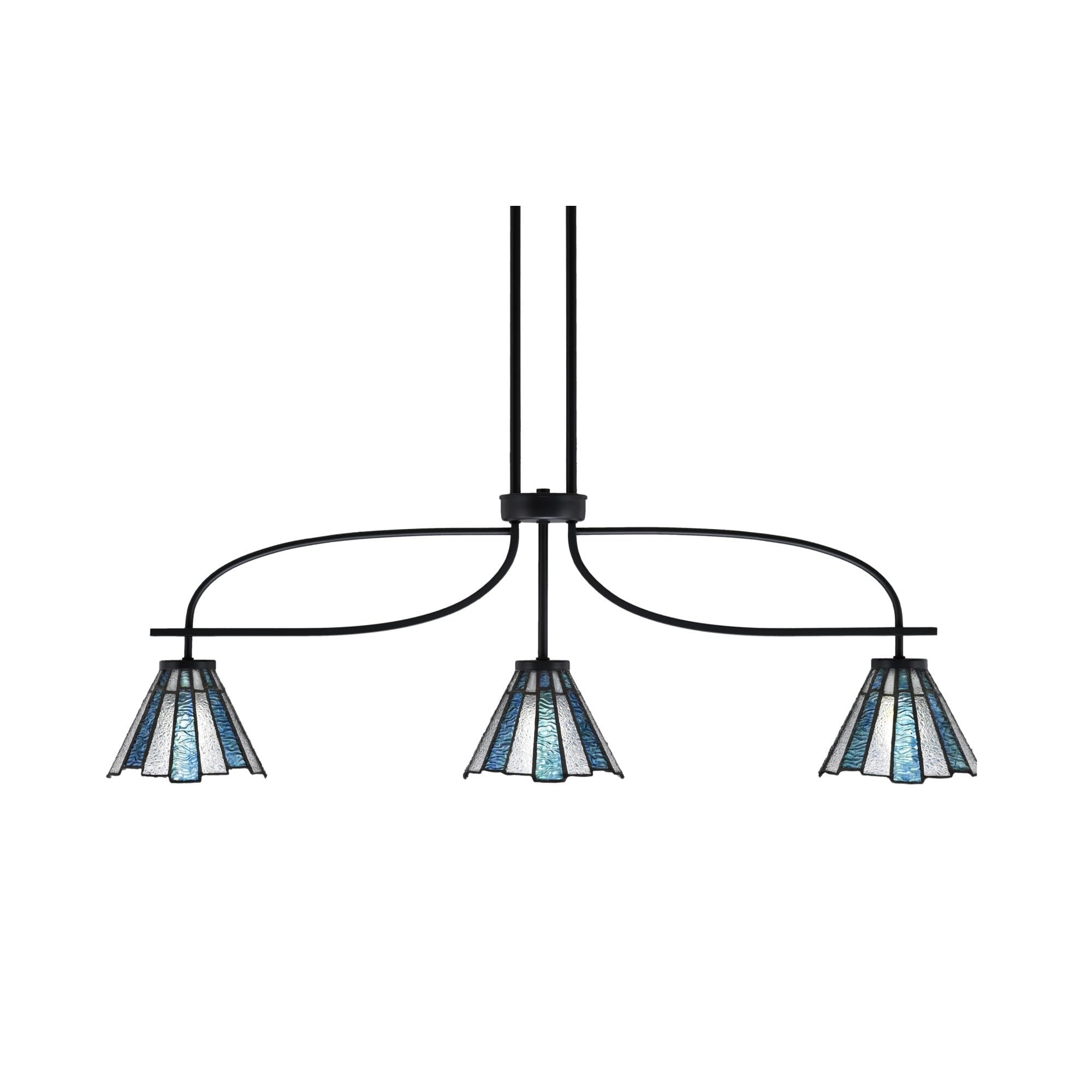 Cavella 3 Light Island Light Shown in Matte Black Finish with 7" Sea Ice Art Glass