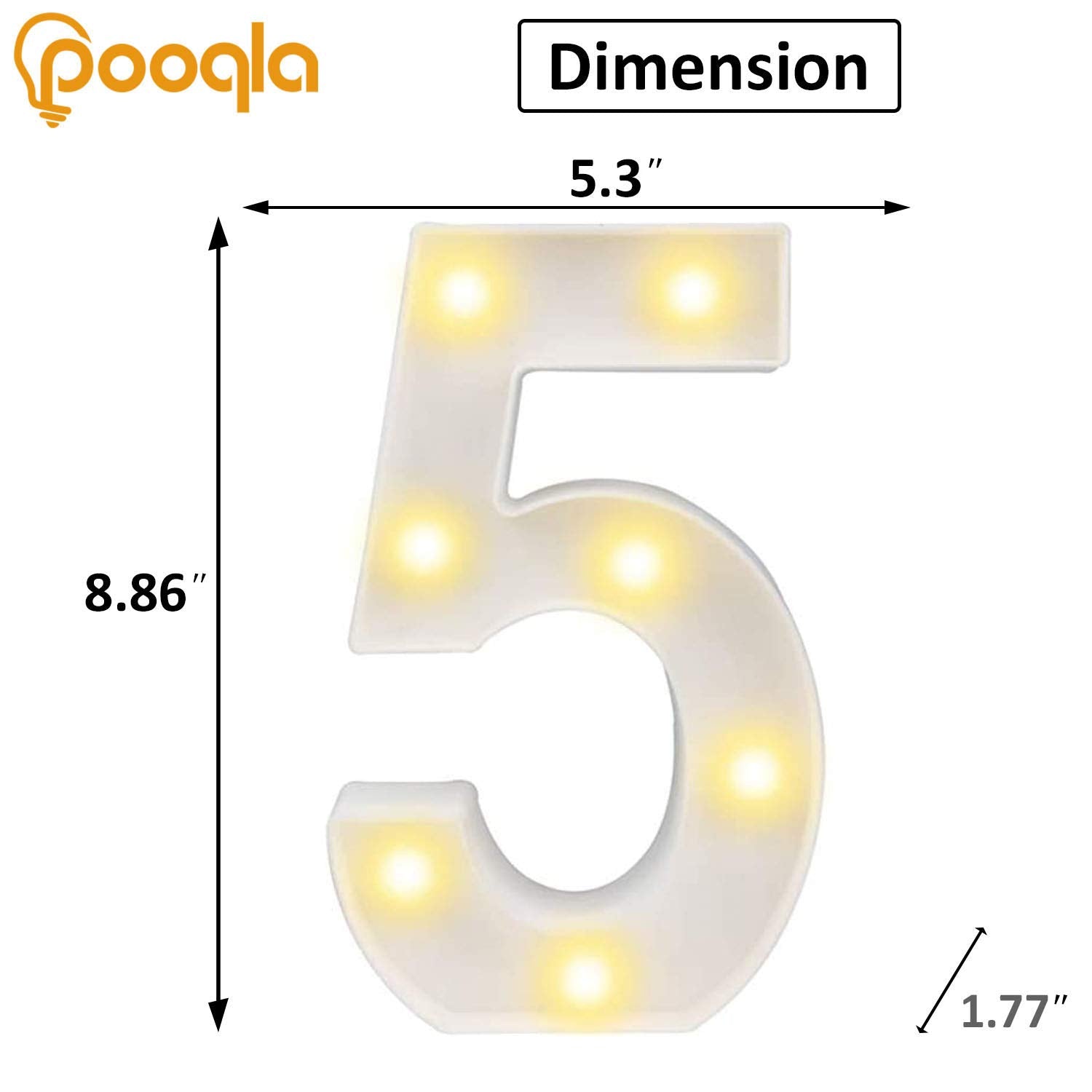 Pooqla Decorative Led Light Up Number Letters, White Plastic Marquee Number Lights Sign Party Wedding Decor Battery Operated Num