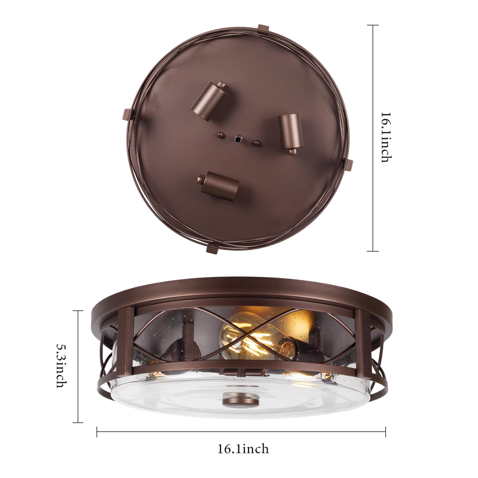 Rosient 16&quot; Bronze Flush Mount Ceiling Light, 3-Light Seeded Glass Fixture For Indoor/Outdoor Use