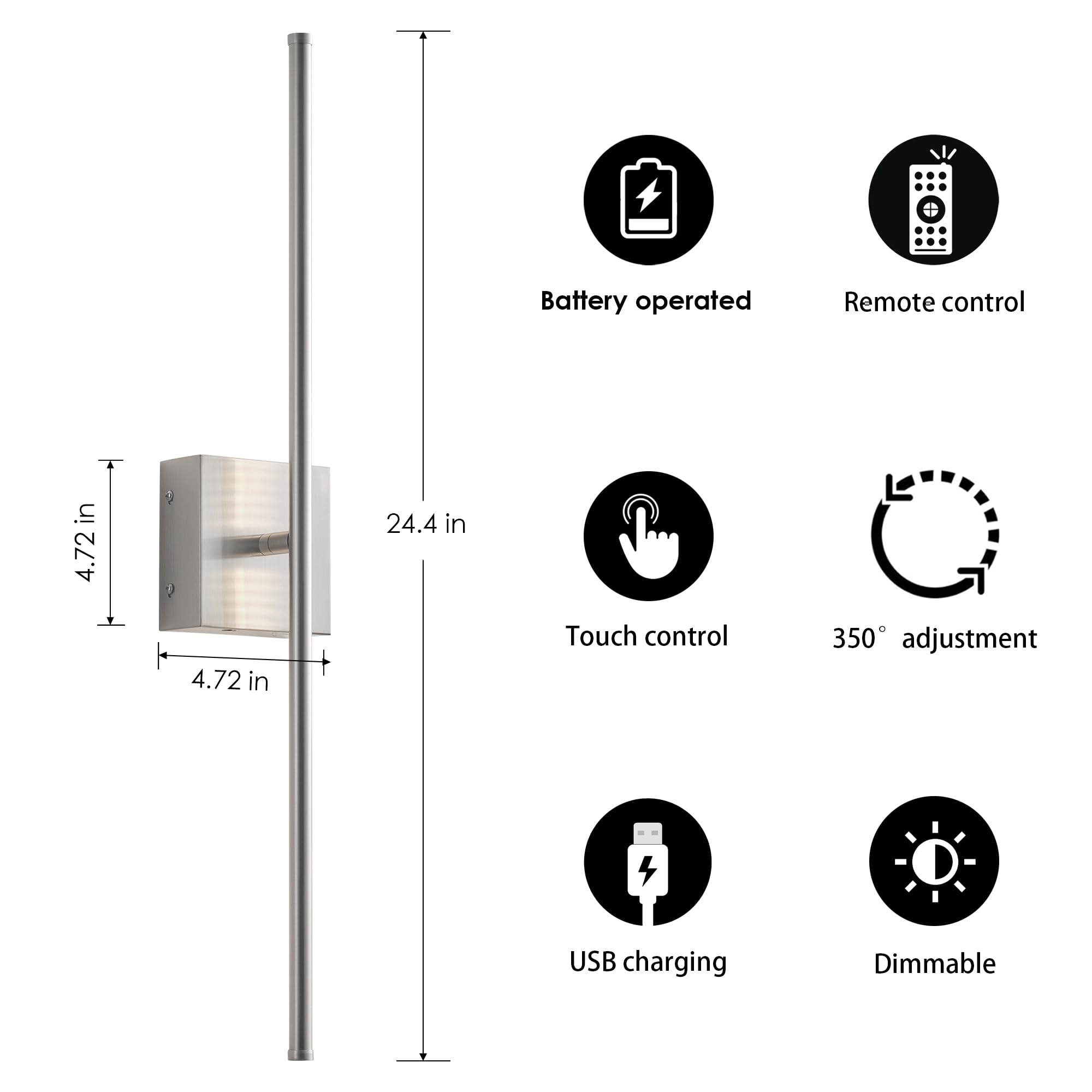 KARTOOSH Dimmable Battery Operated Wall Sconces Set of Two, 24.4 Inch Nickel, 350° Rotate, Remote Control, LED Lighting for Living Room, Bedroom