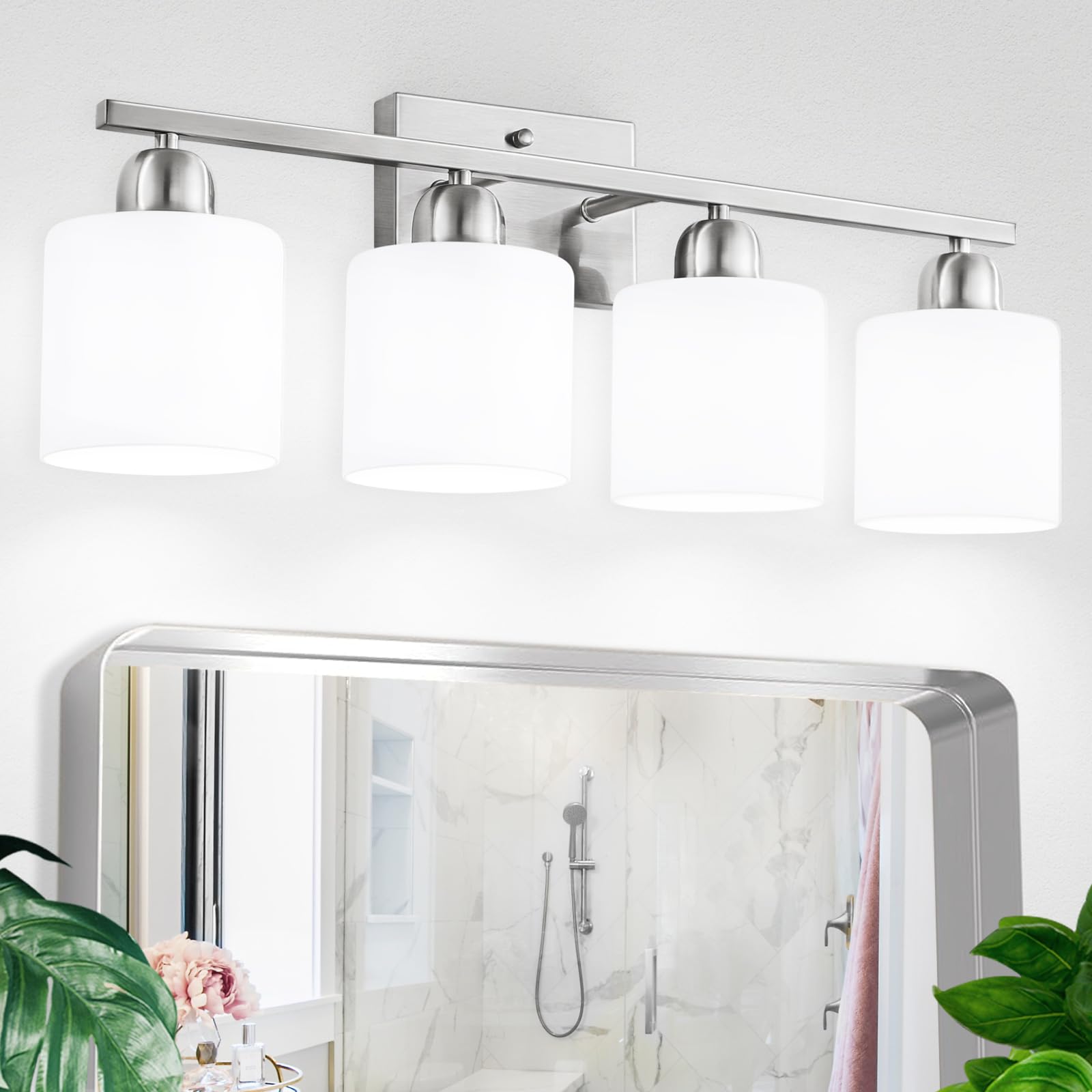 FAISHILAN 4-Light Bathroom Light Fixtures, Brushed Nickel Vanity Light with Frosted Glass Shade, Model FSL-212--NBN-4