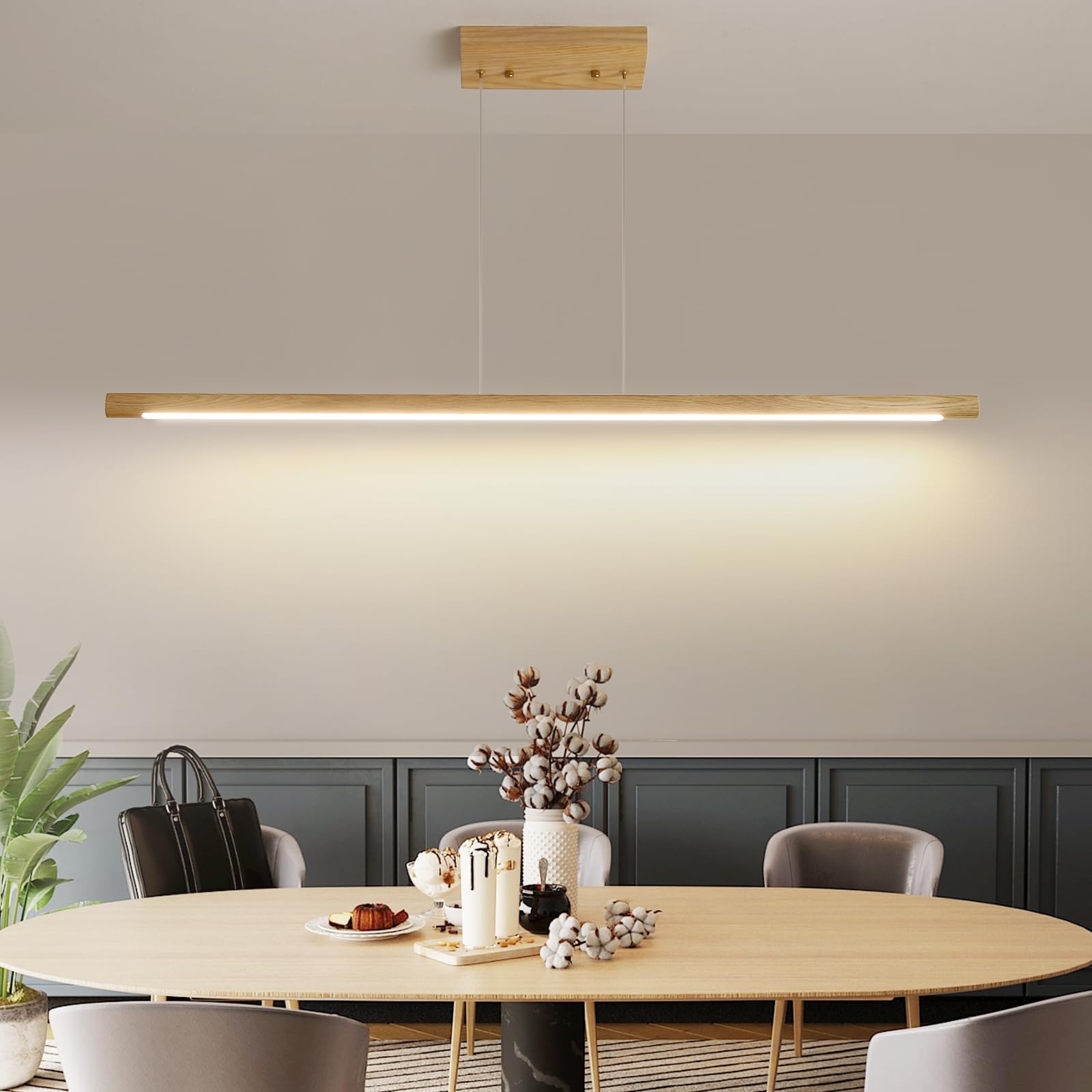 Matven Wooden Linear Pendant Light, 47'' Dimmable Pool Table Island Lights for Kitchen, LED Ceiling Pendant Lamp for Dining Room