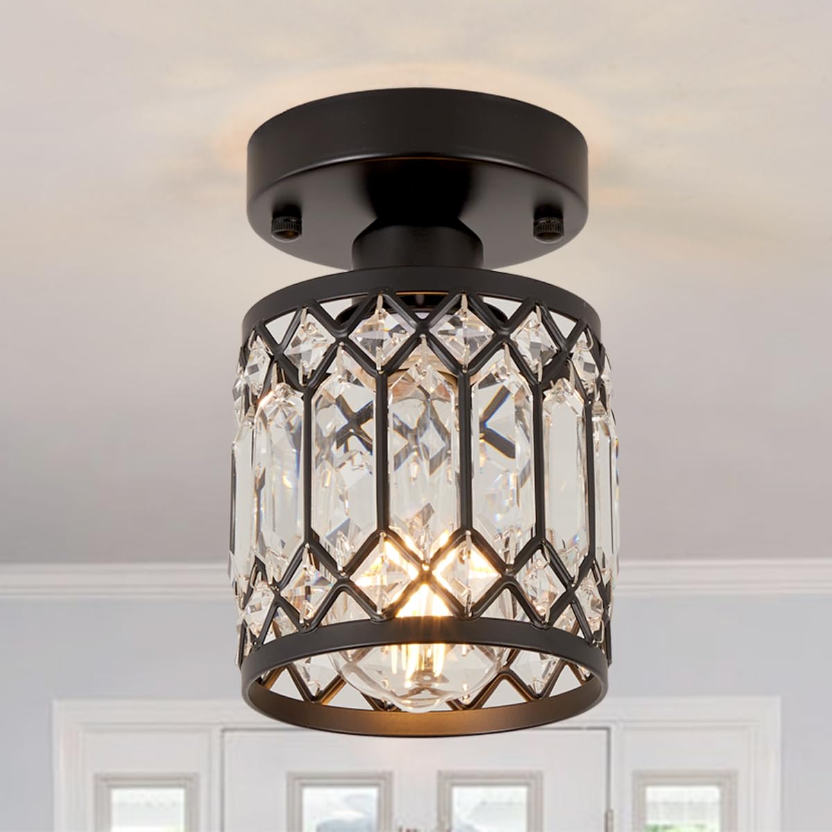Wuhuyipi Crystal Black Ceiling Lights Modern Semi Flush Mount Ceiling Light Fixture Farmhouse Rustic Chandelier for Entryway Porch Aisle Corridor Balcony