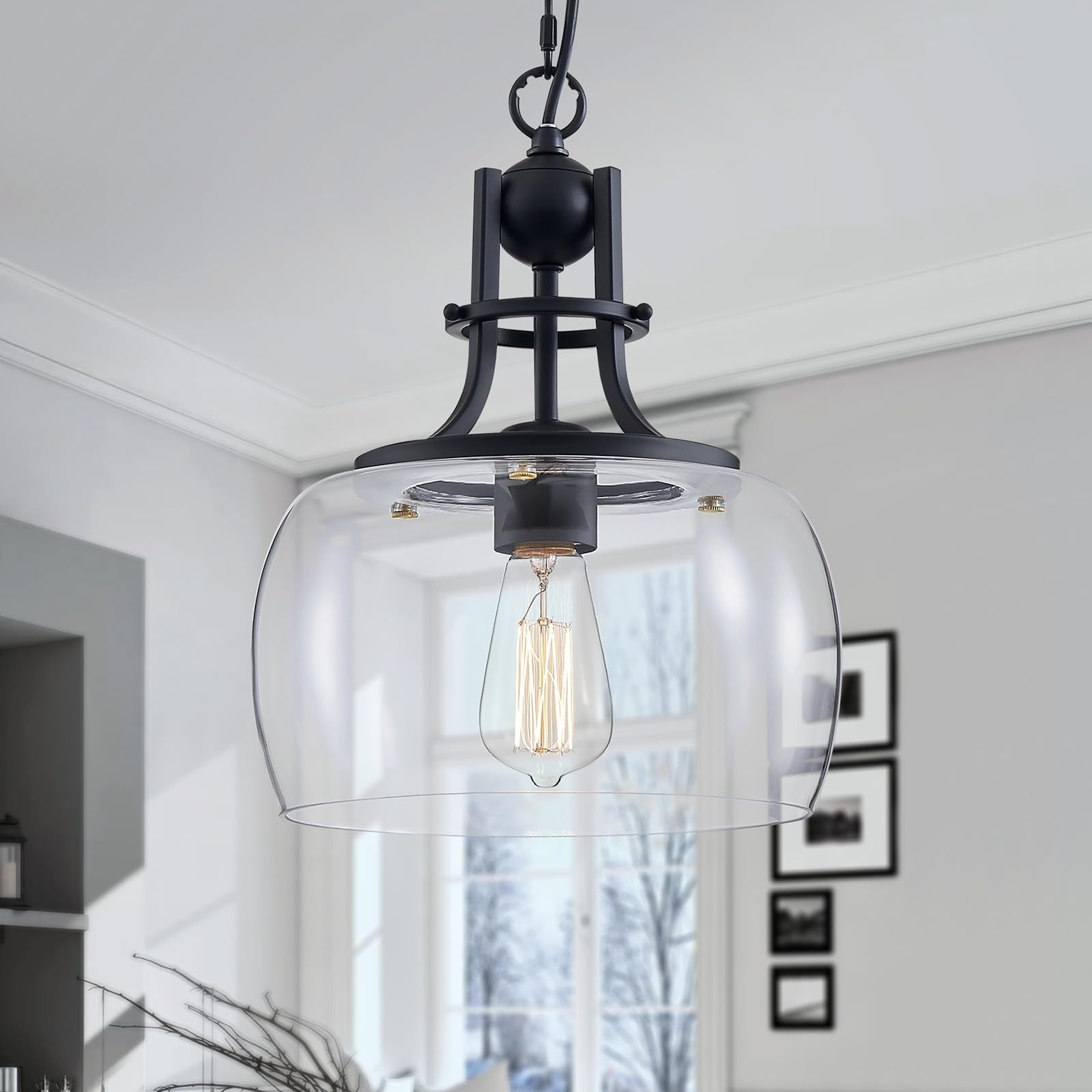 Wuzups Rustic Farmhouse Chandelier, Black Round Led Pendant Light For Dining Room & Kitchen