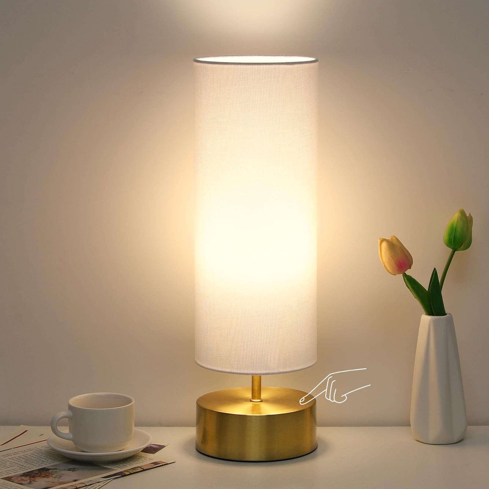 Seaside Village 3-Way Dimmable Touch Control Table Lamp - Metal & Tc Cloth, 5.51X5.51X17.52, White Shade With Gold Base, Led Bul