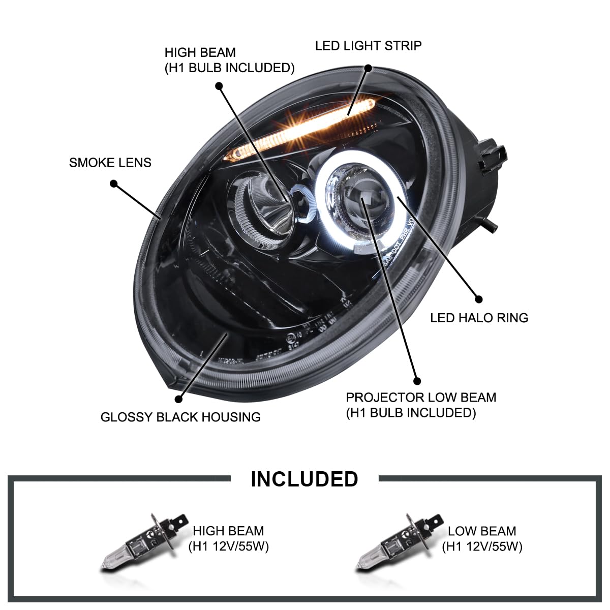 SPEC-D Tuning Projector Headlights for 1998-2005 VW Beetle, Glossy Black Housing Smoke Lens, Left + Right Pair, Model LHP-BEE98G-TM