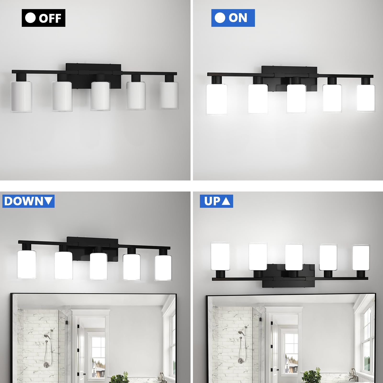 Zhizenl 5-Light Bathroom Vanity Fixtures, Matte Black with Frosted & Clear Glass, Modern Wall Sconces, Model B216-082-BK