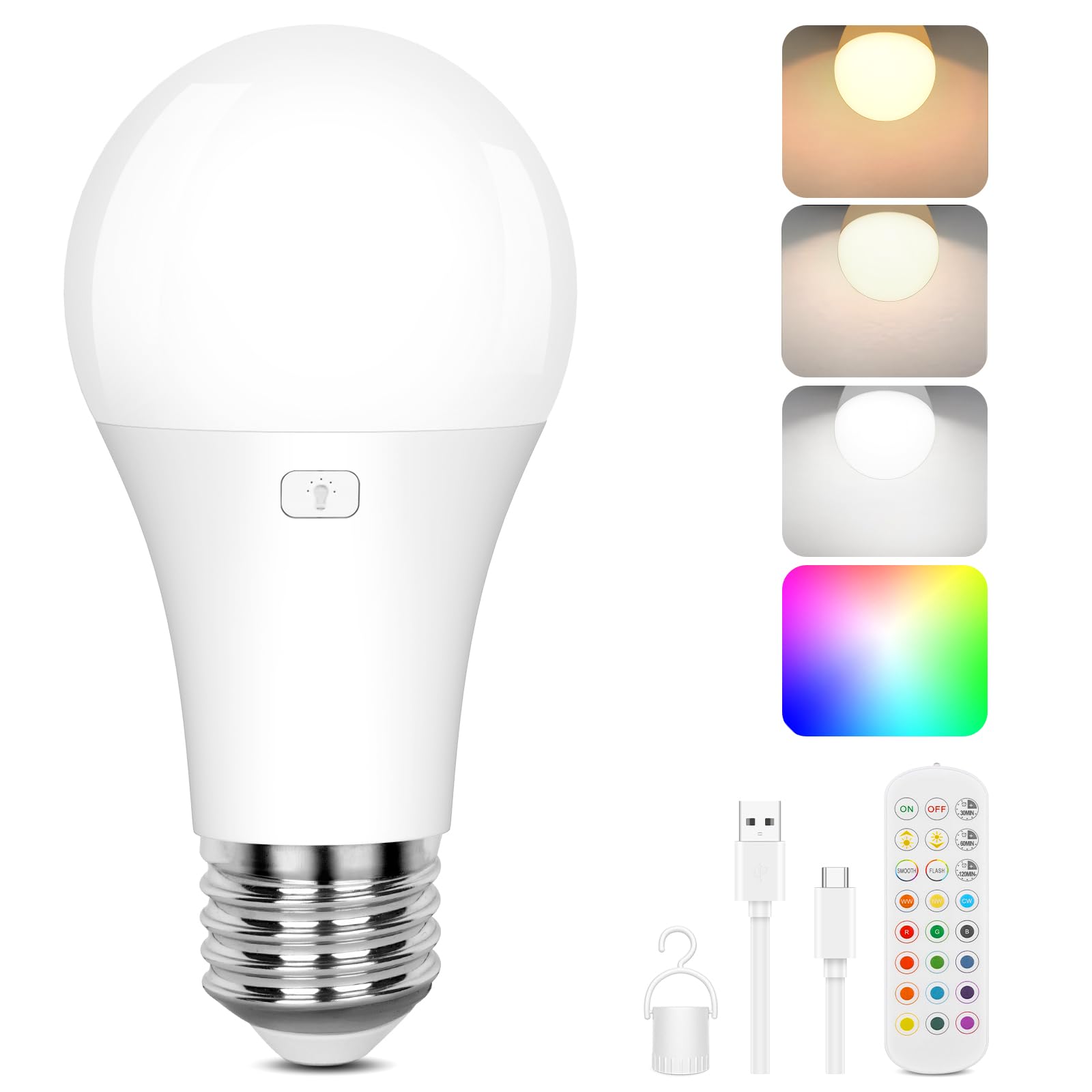 Yochoice Rechargeable A19 LED Light Bulb with Remote Control, Dimmable, 15 Colors, 1 Pack, White, Model T107, Plastic