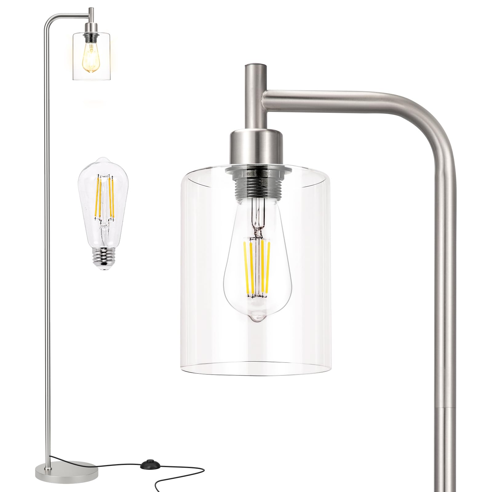 Ziisee Floor Lamps for Living Room - Industrial Standing Lamp with Glass Shade, Modern Floor Lamp with LED Bulbs, Tall Lamp for Bedroom Office - Brushed Nickel