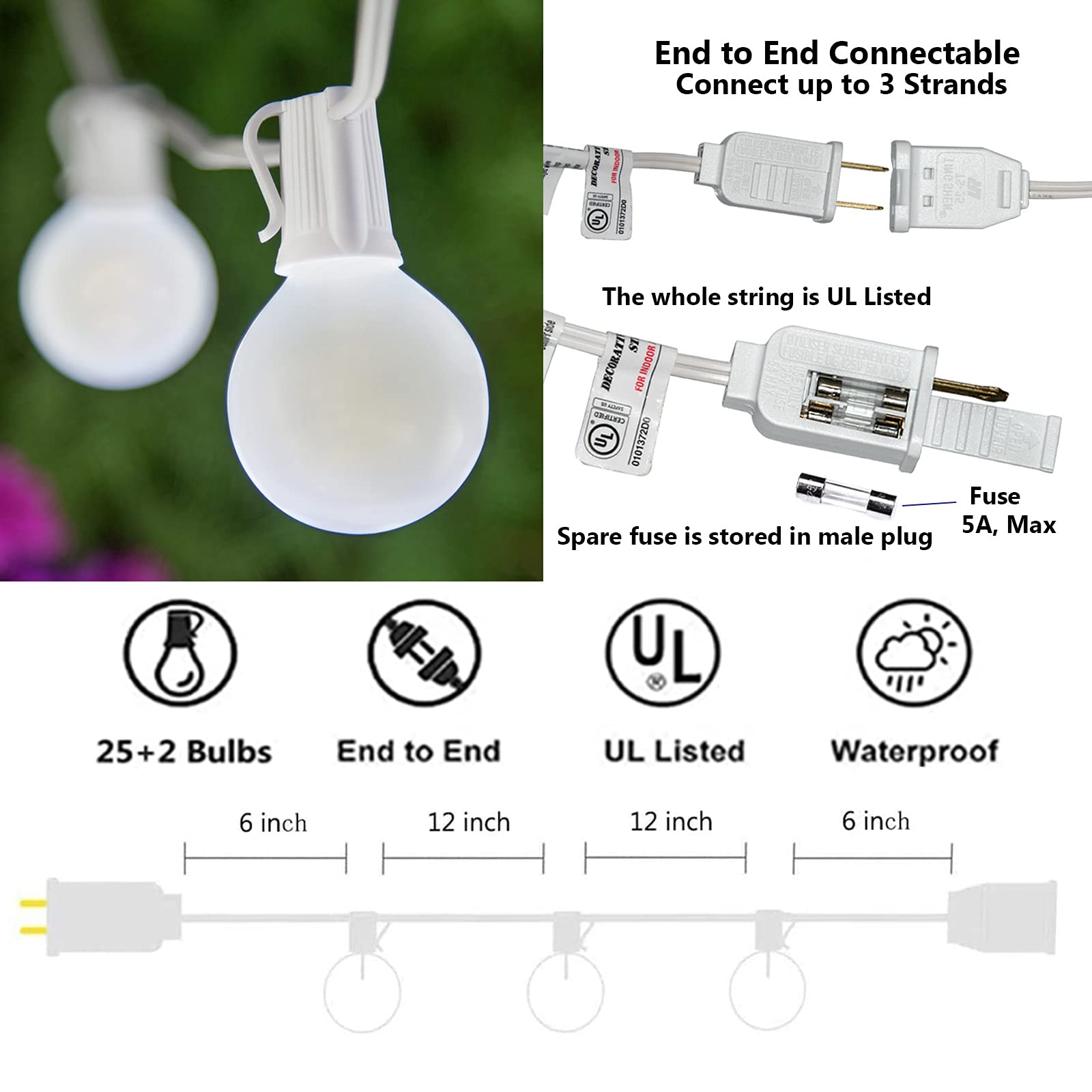 SUNSGNE G40 Globe String Lights, 25 Ft, Frosted White Bulbs, Waterproof, Connectable, White Wire for Outdoor Patio, Christmas, Party