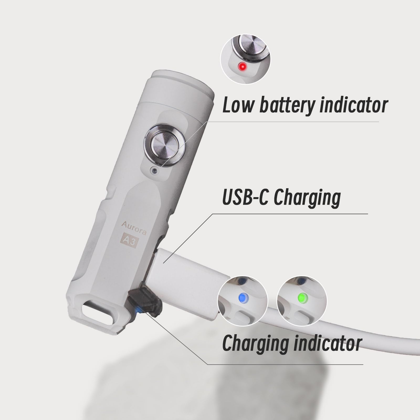 RovyVon A3 Gen 4 Keychain Flashlight - 650 Lumens, USB C Rechargeable, Water-Resistant, Lightweight, G4-Mao White, Aluminum