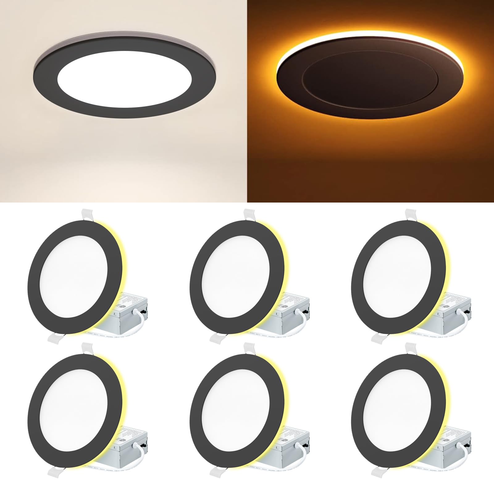 Eosmile 6 Pack Black Recessed Lighting With 4 Inch Night Light  Canless Ultra Thin Wafer Downlight Pot Indoor Exterior Soffit Lighting  2700K-5000K Selectable  9W 120V  750Lm  Dimmable  Etl Fcc