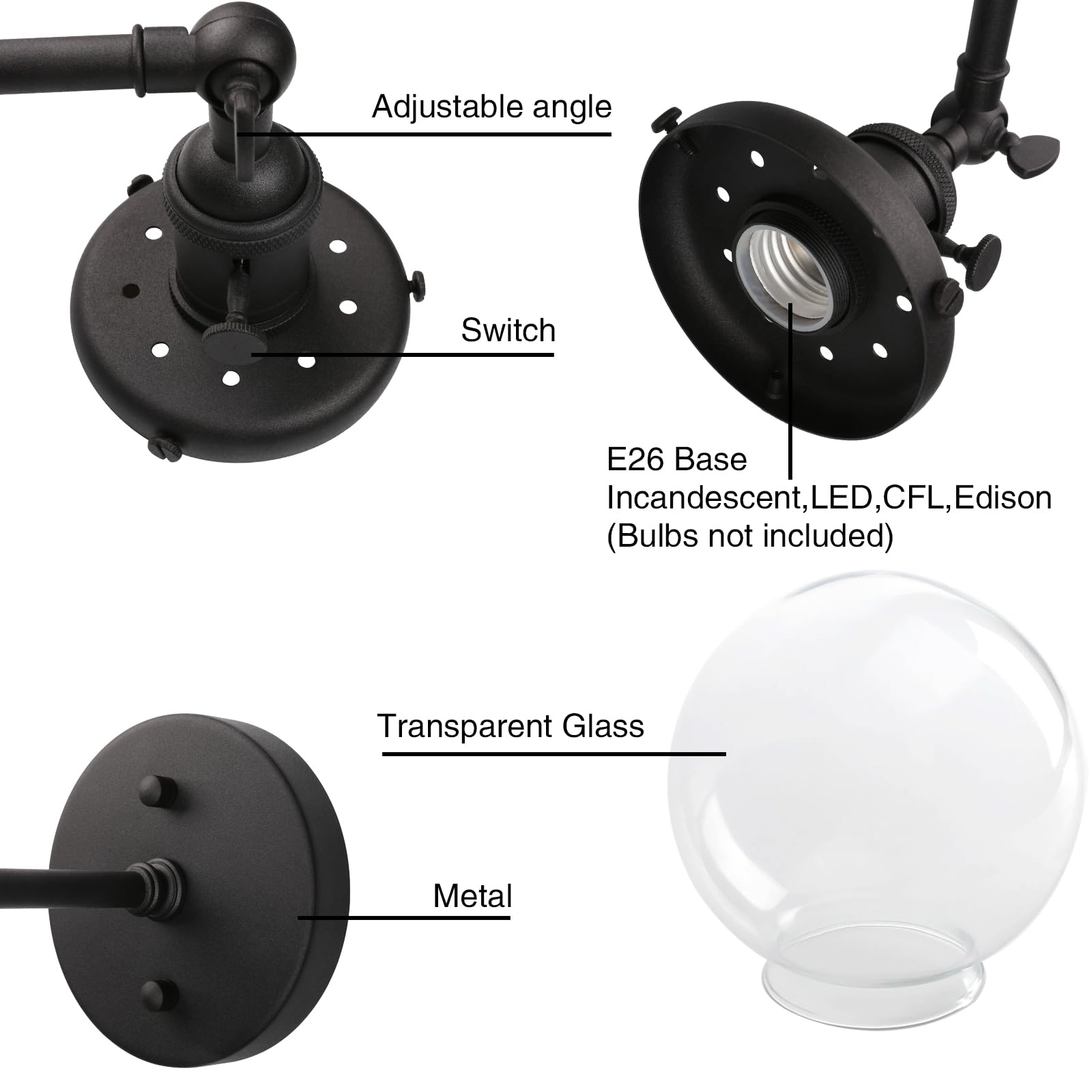 Permo Vintage Industrial Wall Sconce Lighting Fixture With 5.9 Round Clear Glass Globe Hand Blown Shade (Black)
