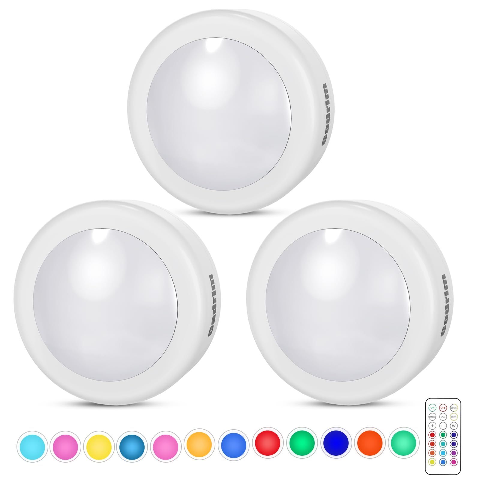 Cadrim LED Puck Lights, 13 Color Changeable, Dimmable, Battery Powered, 3 Pack, Multicolor, Model NCG16608