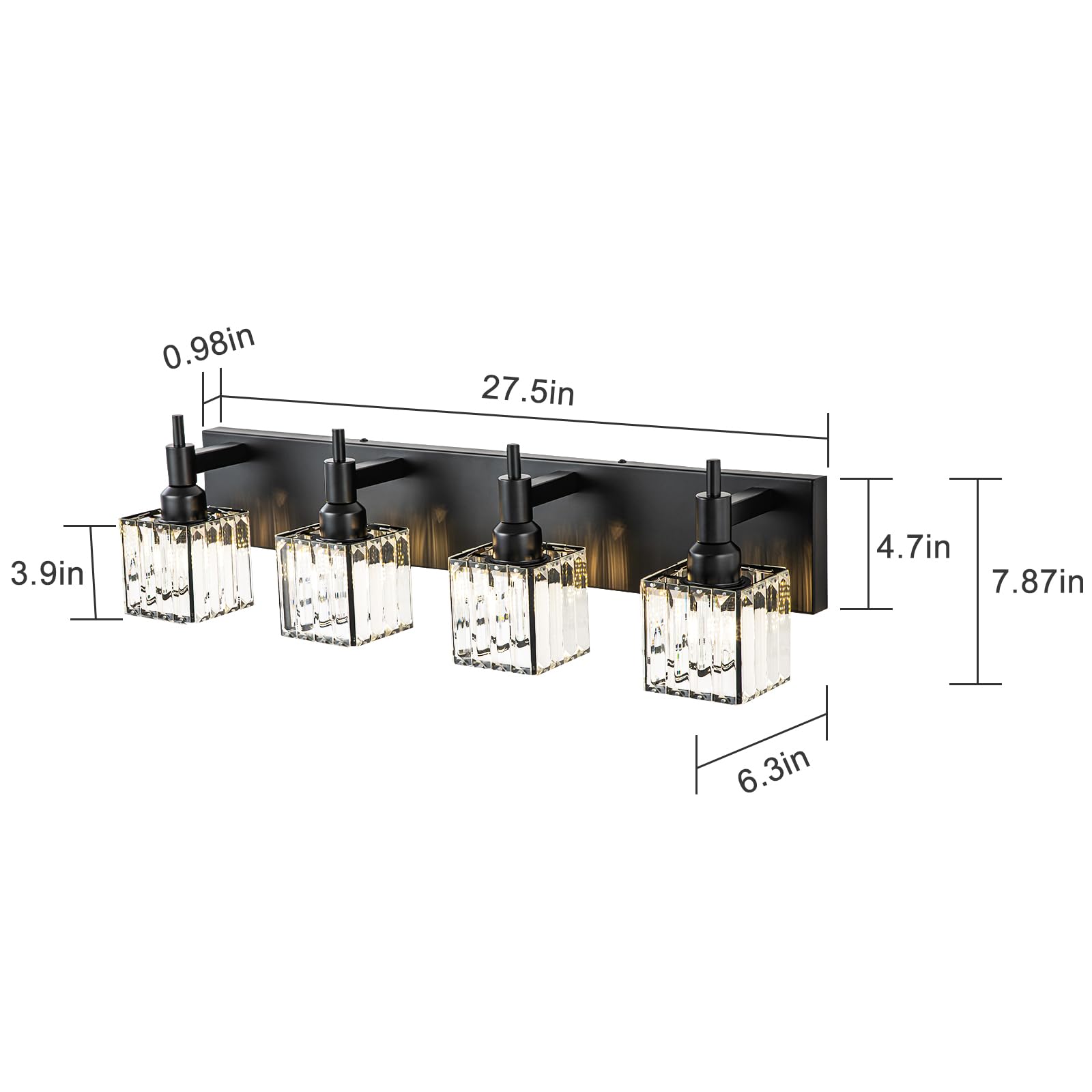 HUOKU 4-Light Bathroom Vanity Light Black Metal Crystal Wall Sconce Square Shade Model HK-BCL001