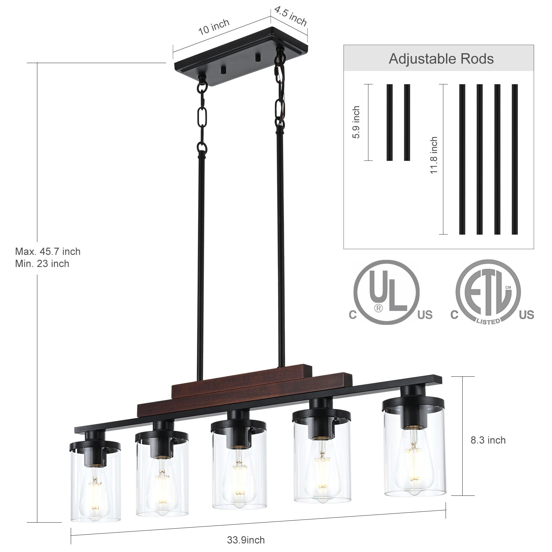 Dining Room Light Fixture/Chandelier Over Table,5-Light Kitchen Island Lighting Hanging for Farmhouse Linear Chandeliers Matte B