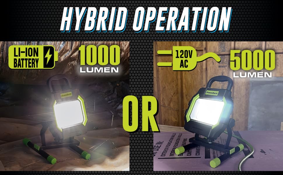 PowerSmith PWL50R10H 2 in 1 Hybrid, 5000 Lumen AC and 1000 Lumen Rechargeable DC Includes 5 ft. 16 AWG Extension Cord, LED Work