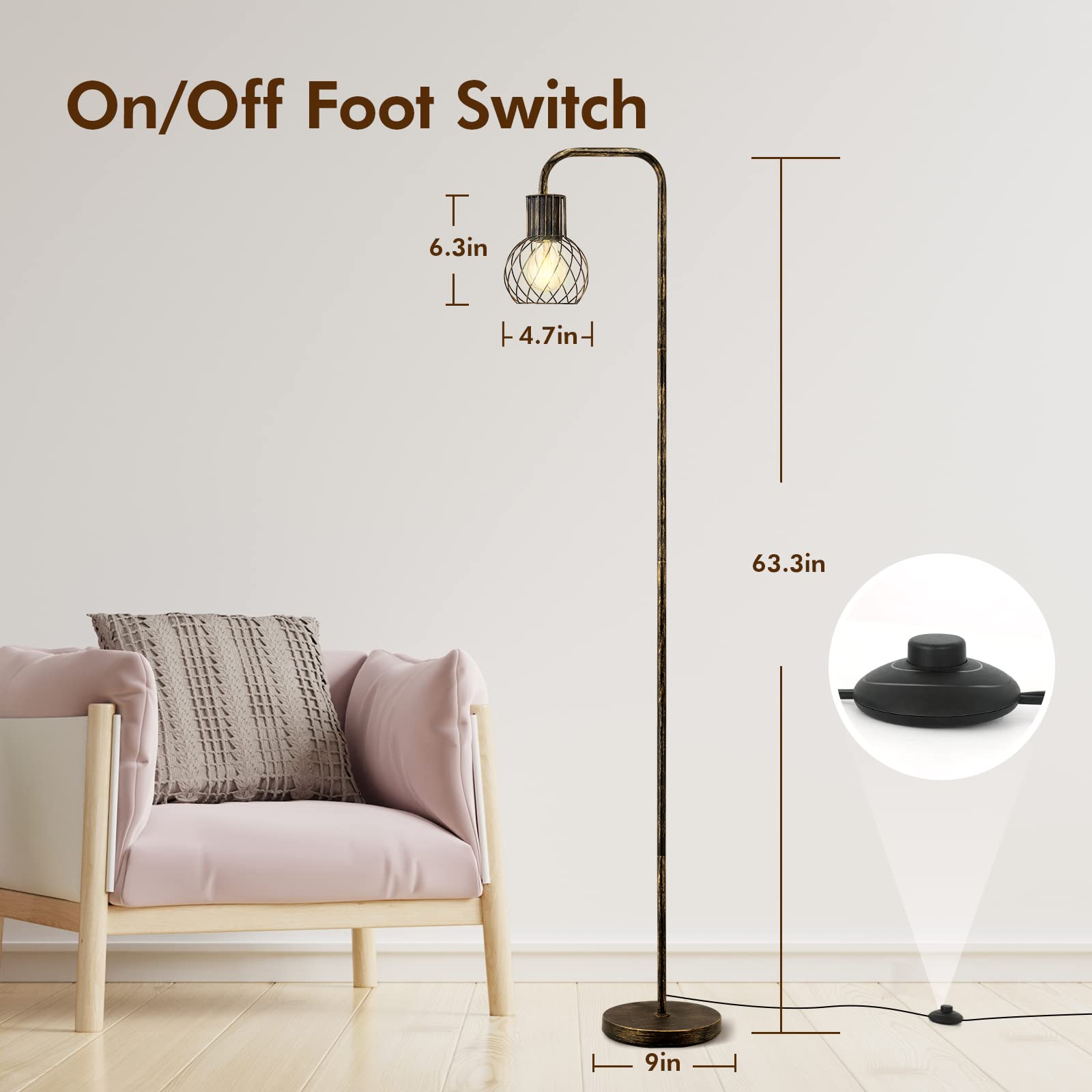 Industrial Floor Lamp, Antique Bronze Standing Lamp Modern With 6W Led Bulb, Foot Switch, Metal Tall Lamps For Living Room, Bedr