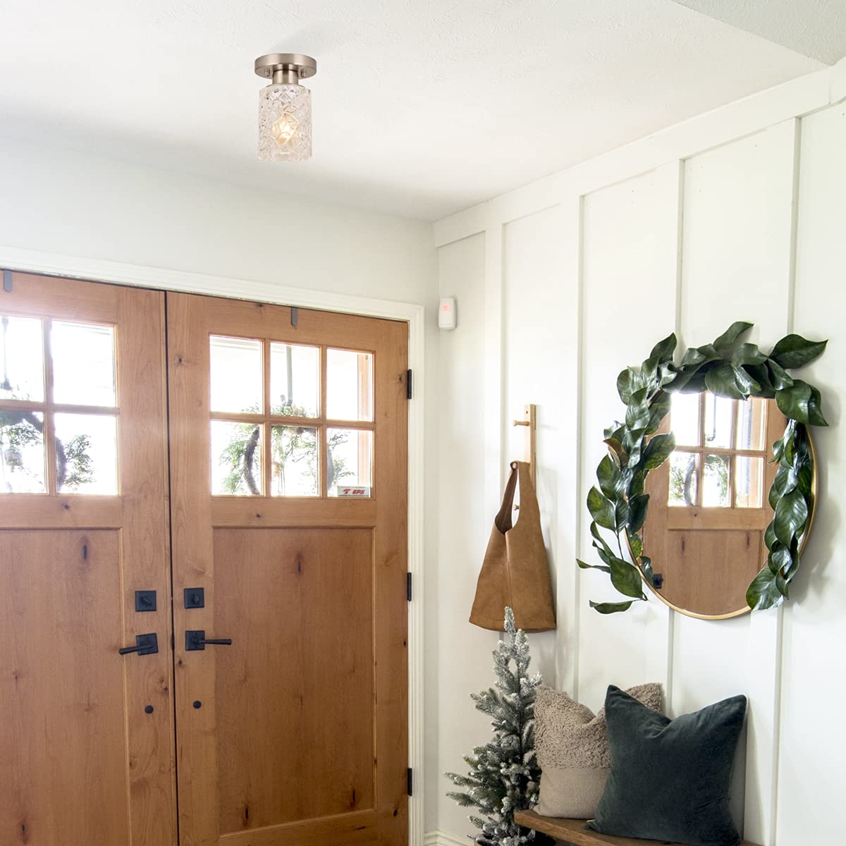 Alice House 2 Pack Semi Flush Mount Ceiling Light, Clear Geometric Glass Shade, Brushed Nickel Farmhouse Light Fixture For Hallw