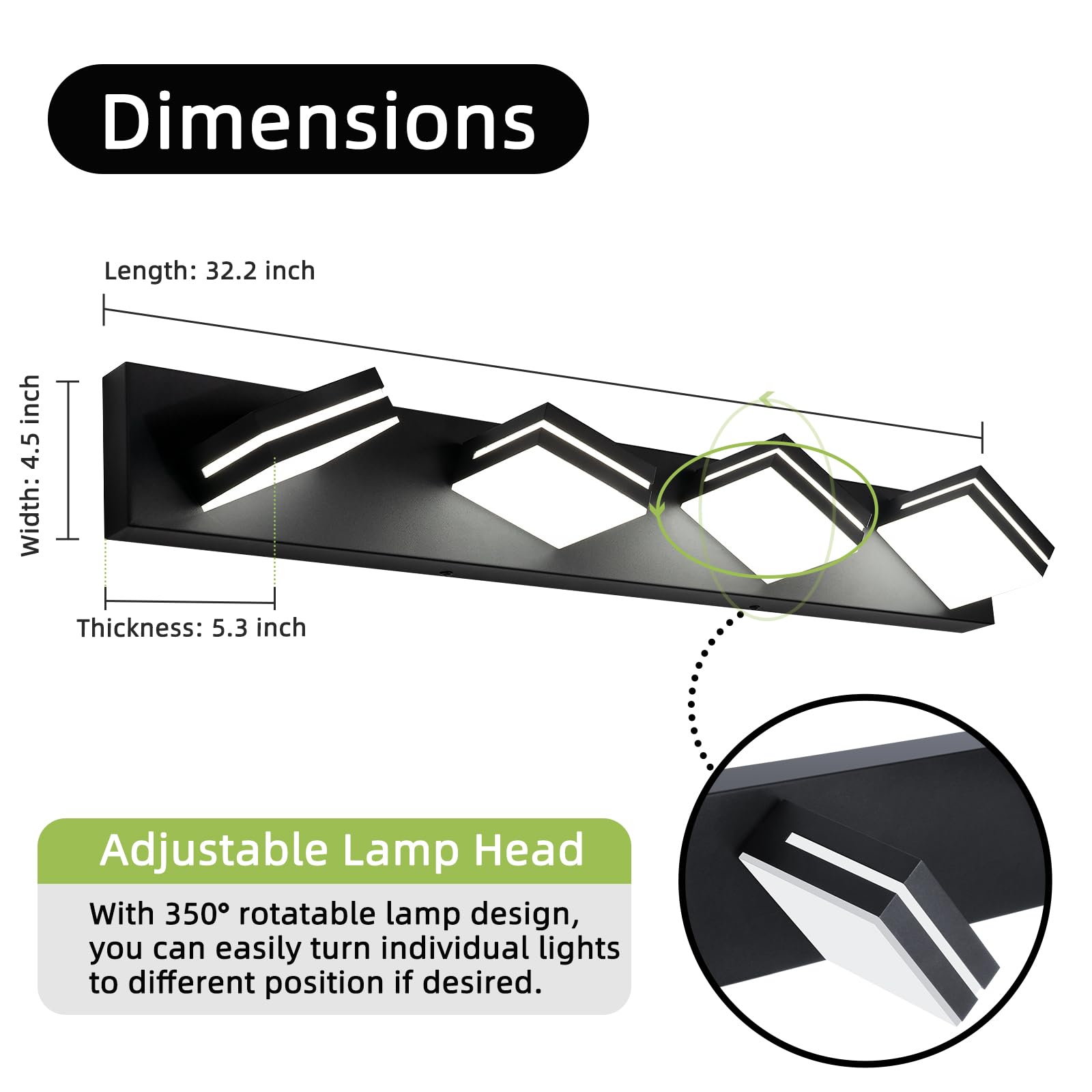 Okeli 4-Light Dimmable Bathroom Vanity Light, Matte Black, Adjustable Led Over Mirror, 32W 6000K