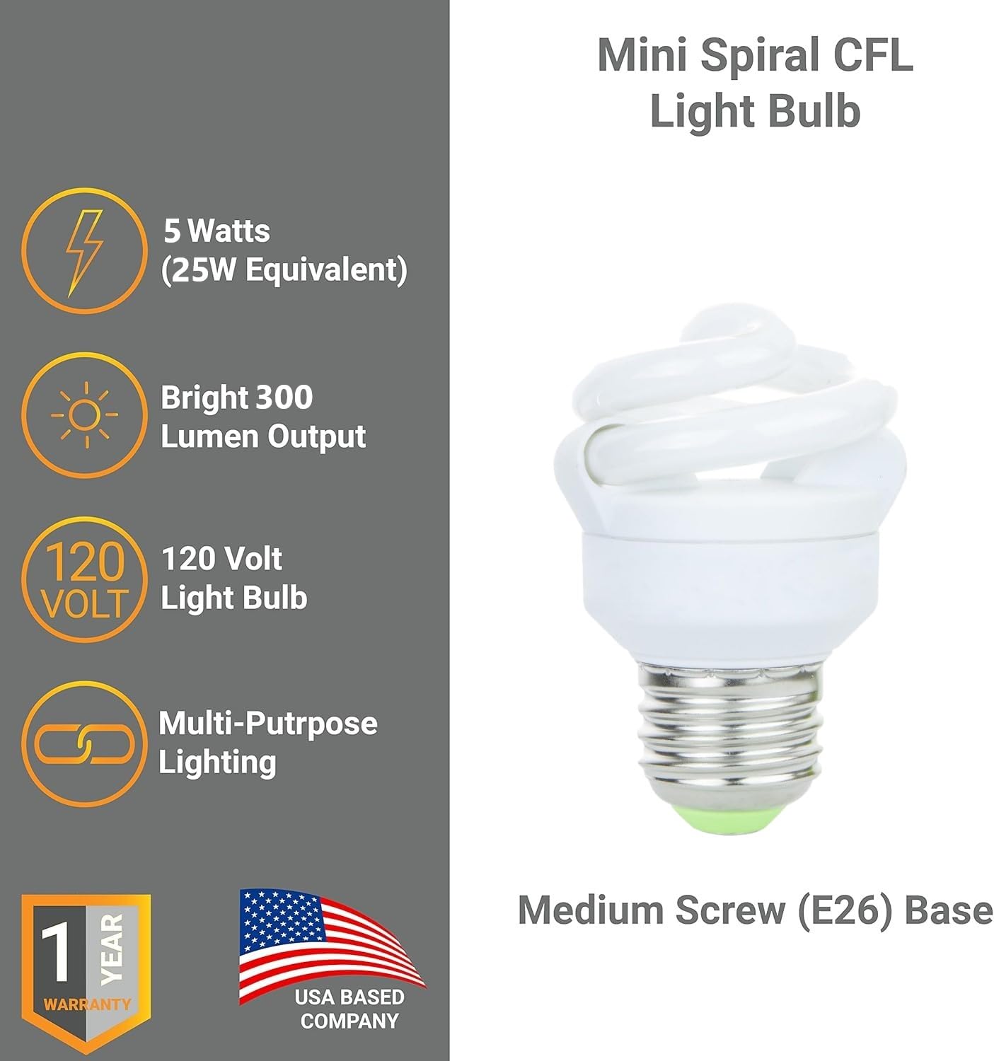 Diodesy- T2 Spiral Compact Fluorescent Light Bulbs 5W (25W Equivalent) E26 Medium Base 2700K Warm White 300 Lumen Energy Efficie